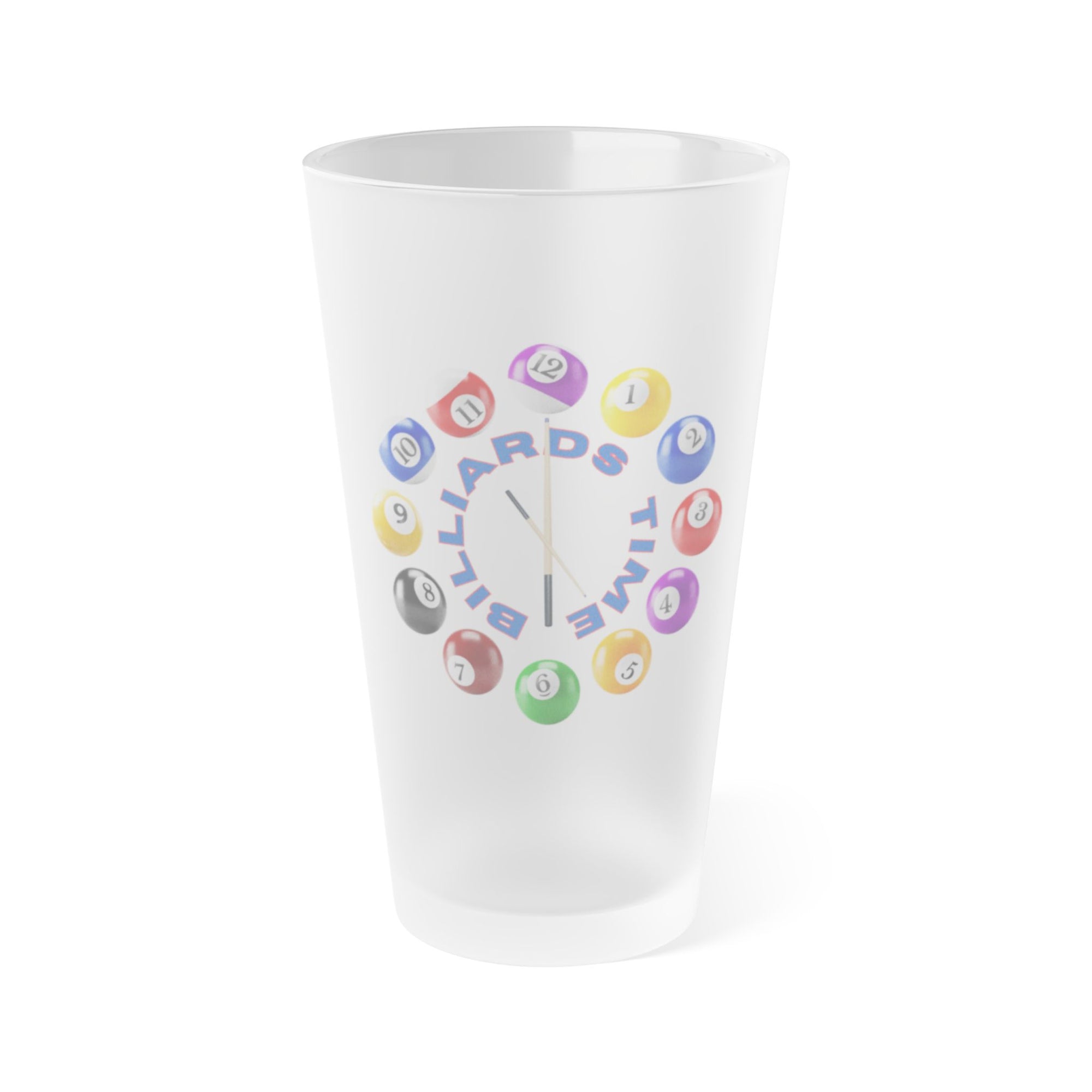 A frosted pint glass with the text "Billiards Time" surrounded by a clock made up of colorful billiard balls and cue sticks, on a white background