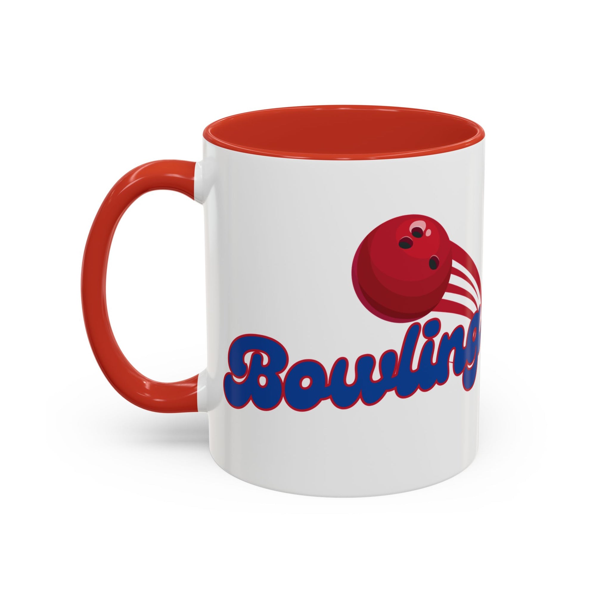 A white ceramic coffee mug with red accents on the handle and interior, with a red bowling ball graphic and 'Bowling' text on a white background