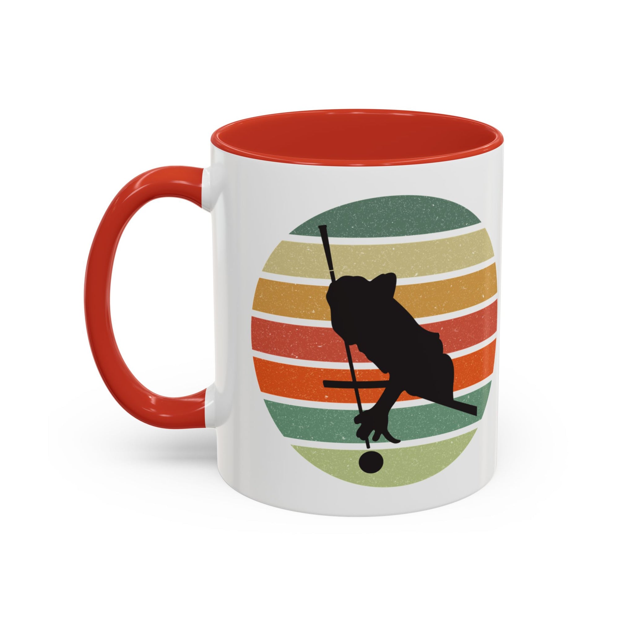 Mug with red accents and a graphic of a billiards player silhouette over a colorful retro design on a white background.