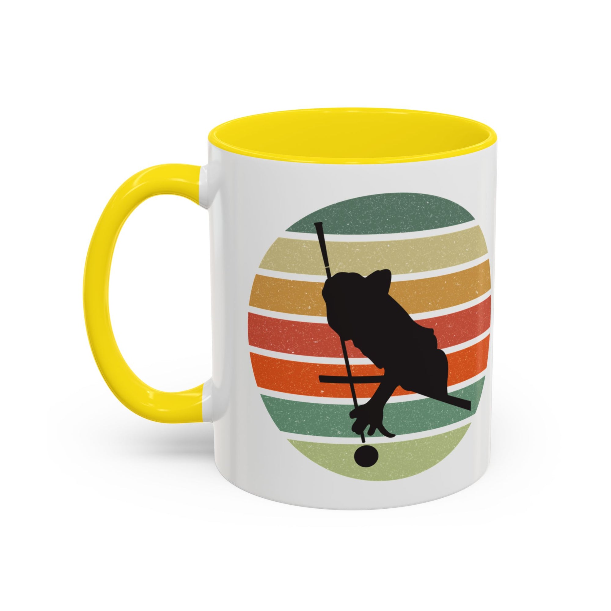 Mug with yellow accents and a graphic of a billiards player silhouette over a colorful retro design on a white background.
