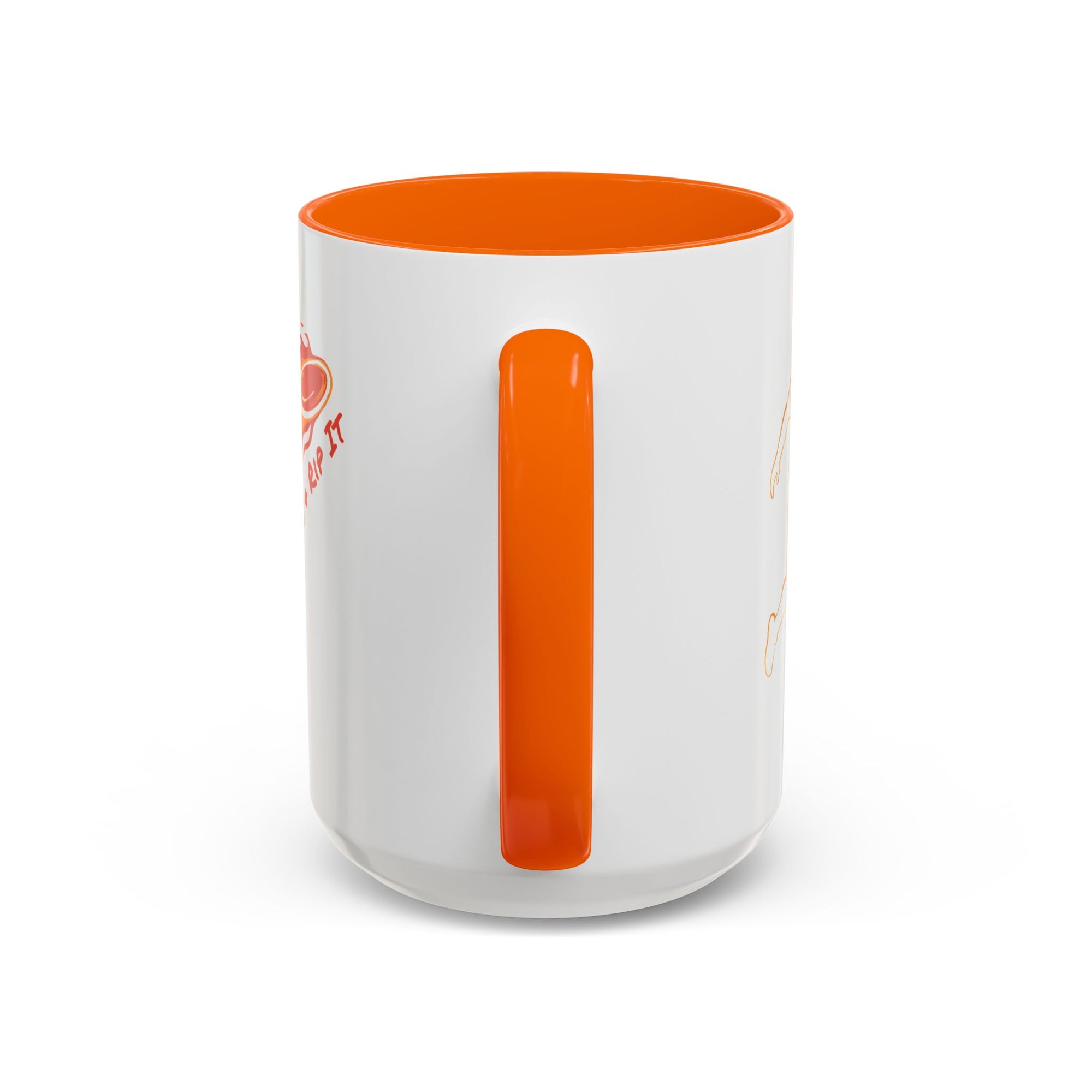 The back view of a ceramic coffee mug with blue accents on the handle and interior, featuring a graphic design of a person throwing a disc golf disc with flames coming off the disc and text 'Grip It or Rip It' against a white background.