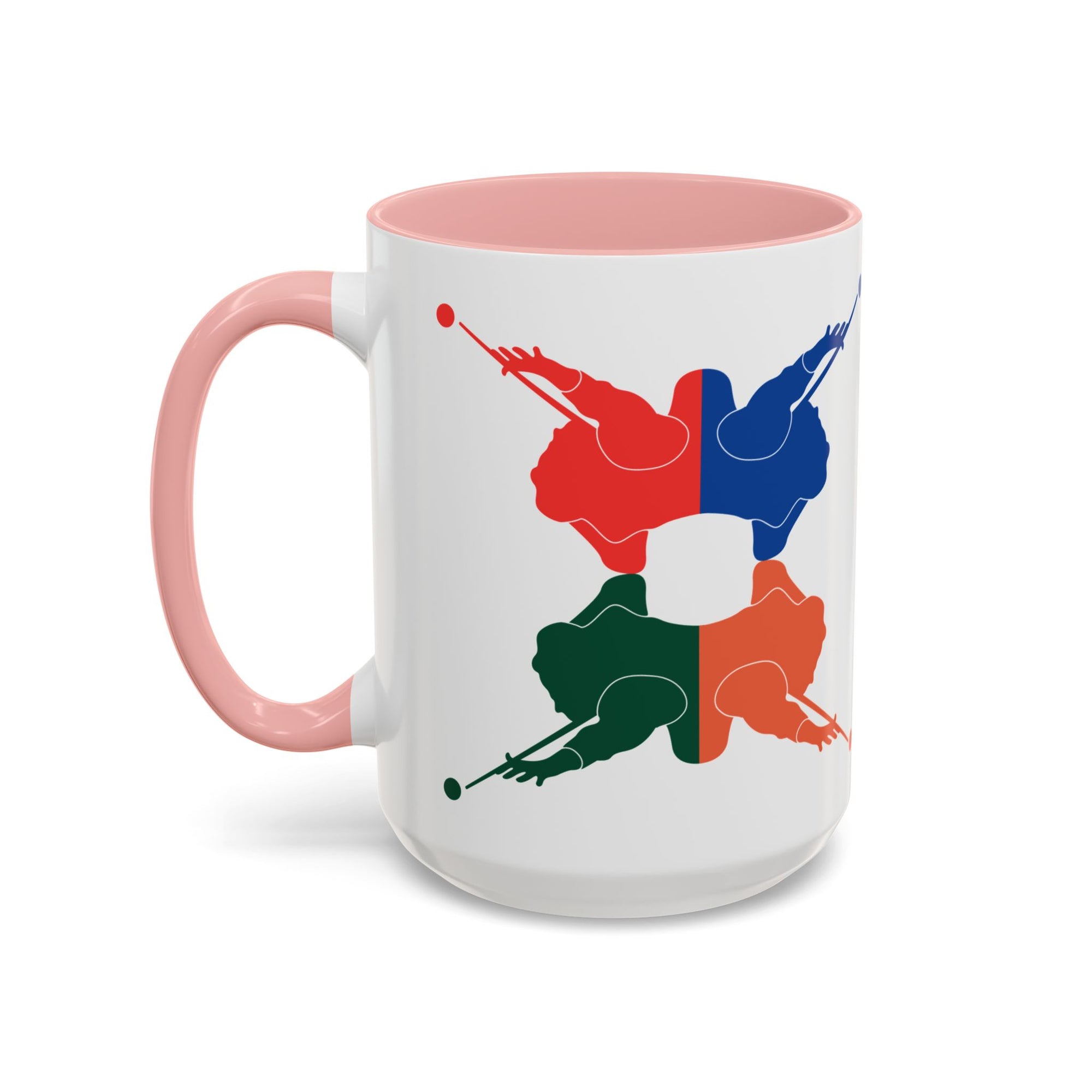 A white ceramic coffee mug with pink accents on the handle and interior, with colorful graphic of 4 billiards player silhouettes in a pop art style, against a white background