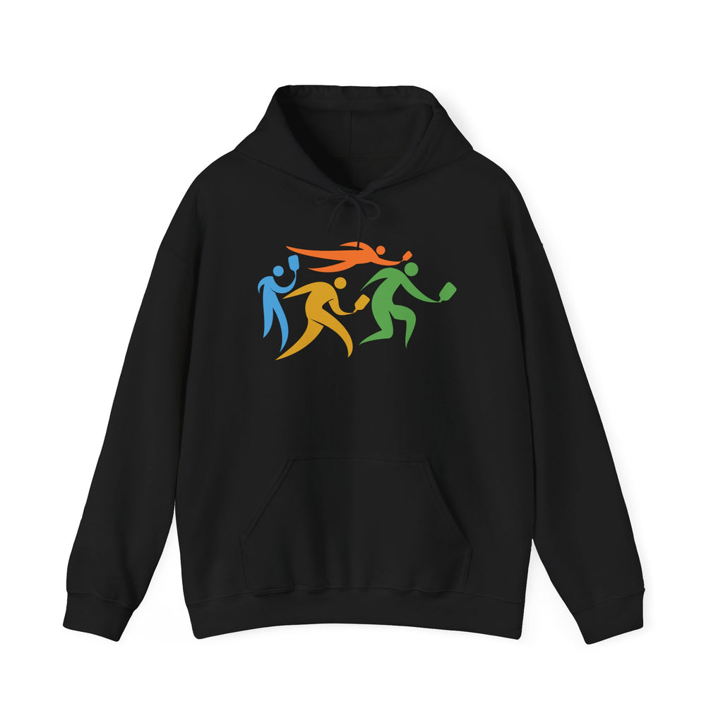 Black hoodie featuring an image of four colorful pickleball player drawings playing pickleball against a white background
