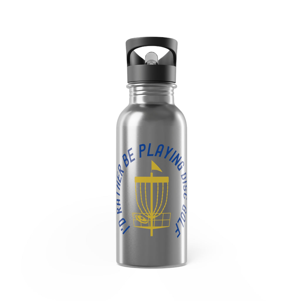Stainless steel water bottle with cap, with a graphic of disc golf chains, basket, and disc and text that says "I'd Rather Be Playing Disc Golf" on a white background