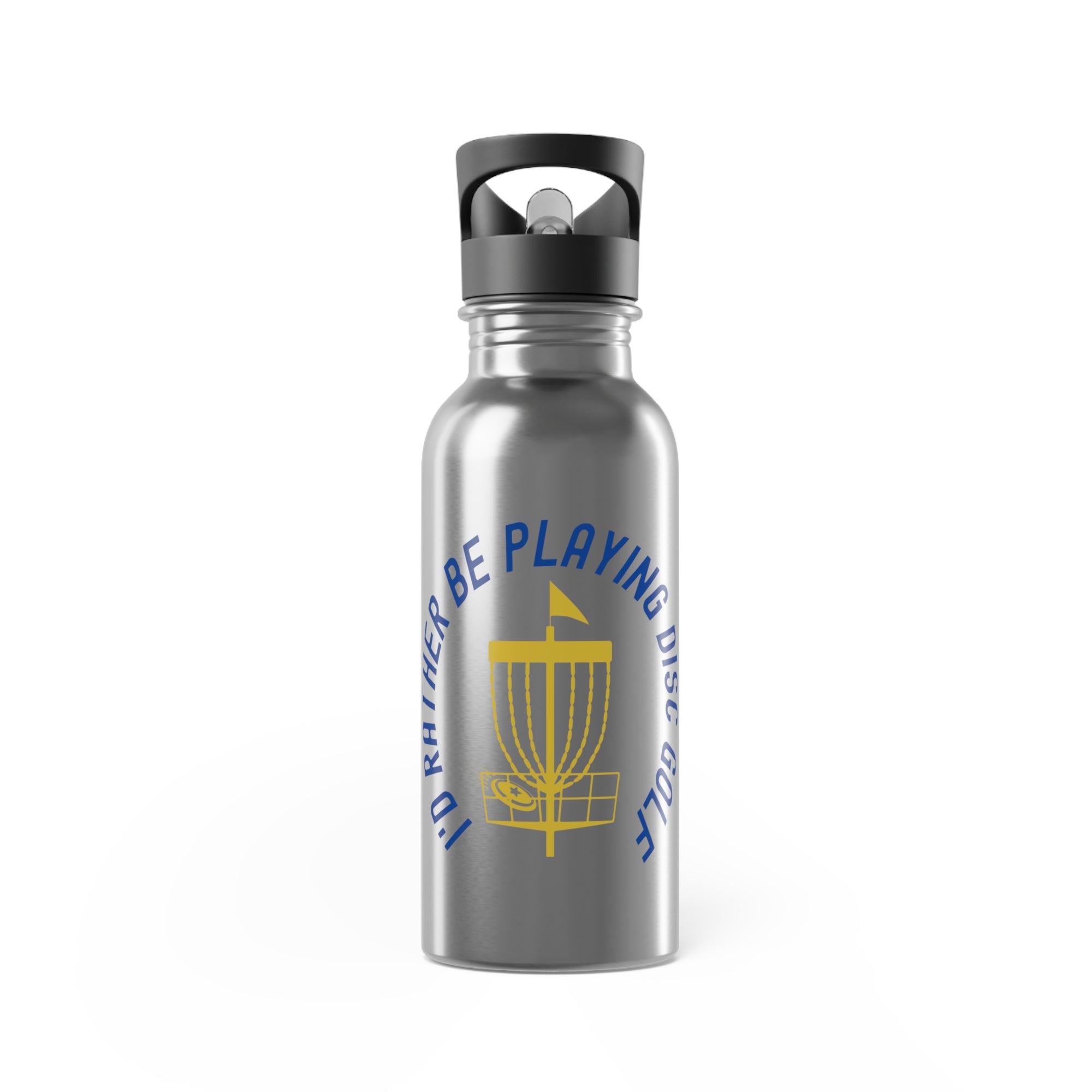 Stainless steel water bottle with cap, with a graphic of disc golf chains, basket, and disc and text that says "I'd Rather Be Playing Disc Golf" on a white background