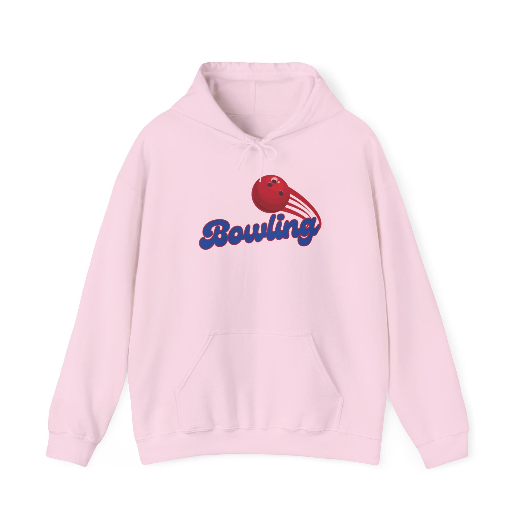 Pink hoodie with a red bowling ball graphic and 'Bowling' text on a white background