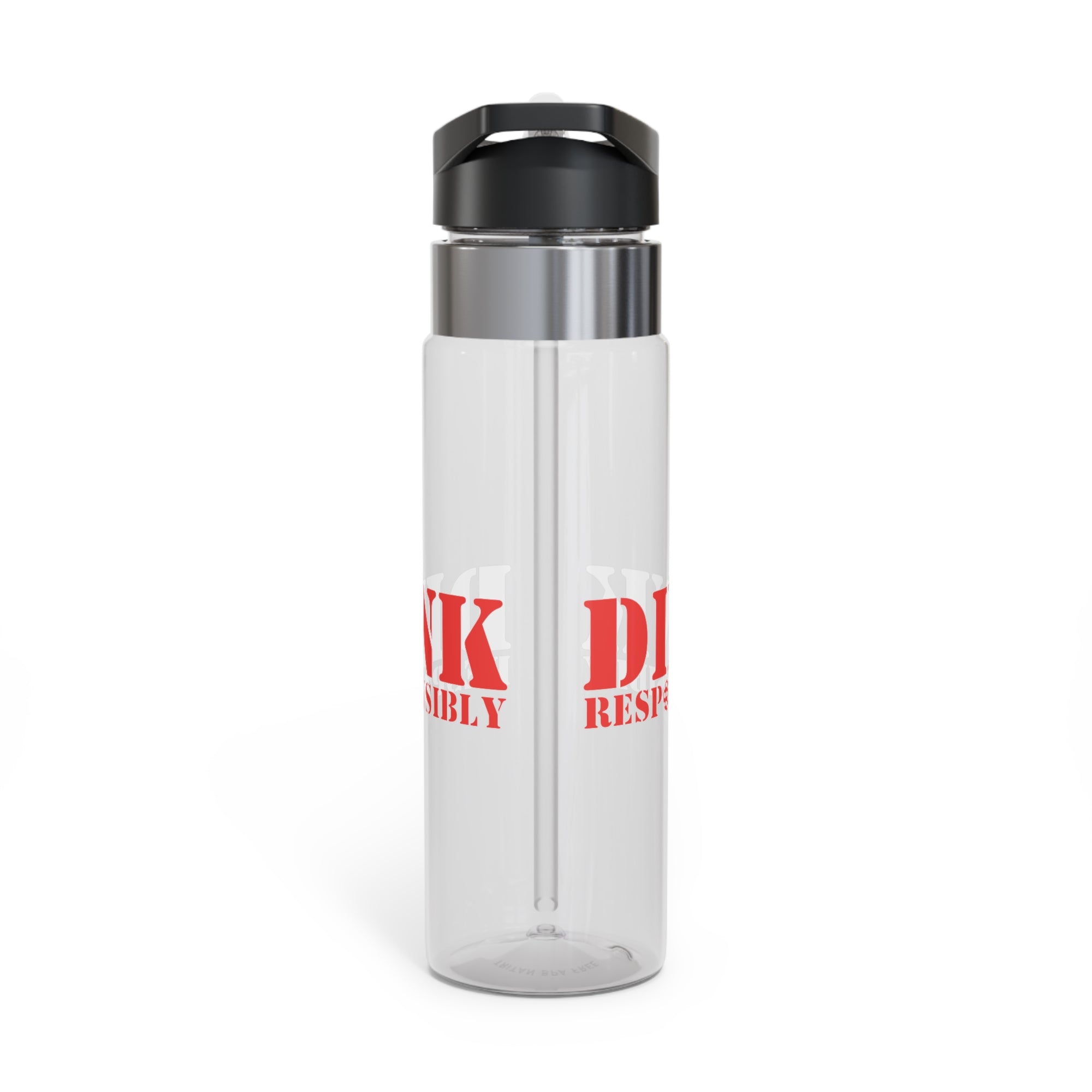 A clear water bottle with red text 'DINK RESPONSIBLY' with a pickleball replacing the "O" in "Responsibly" against a white background