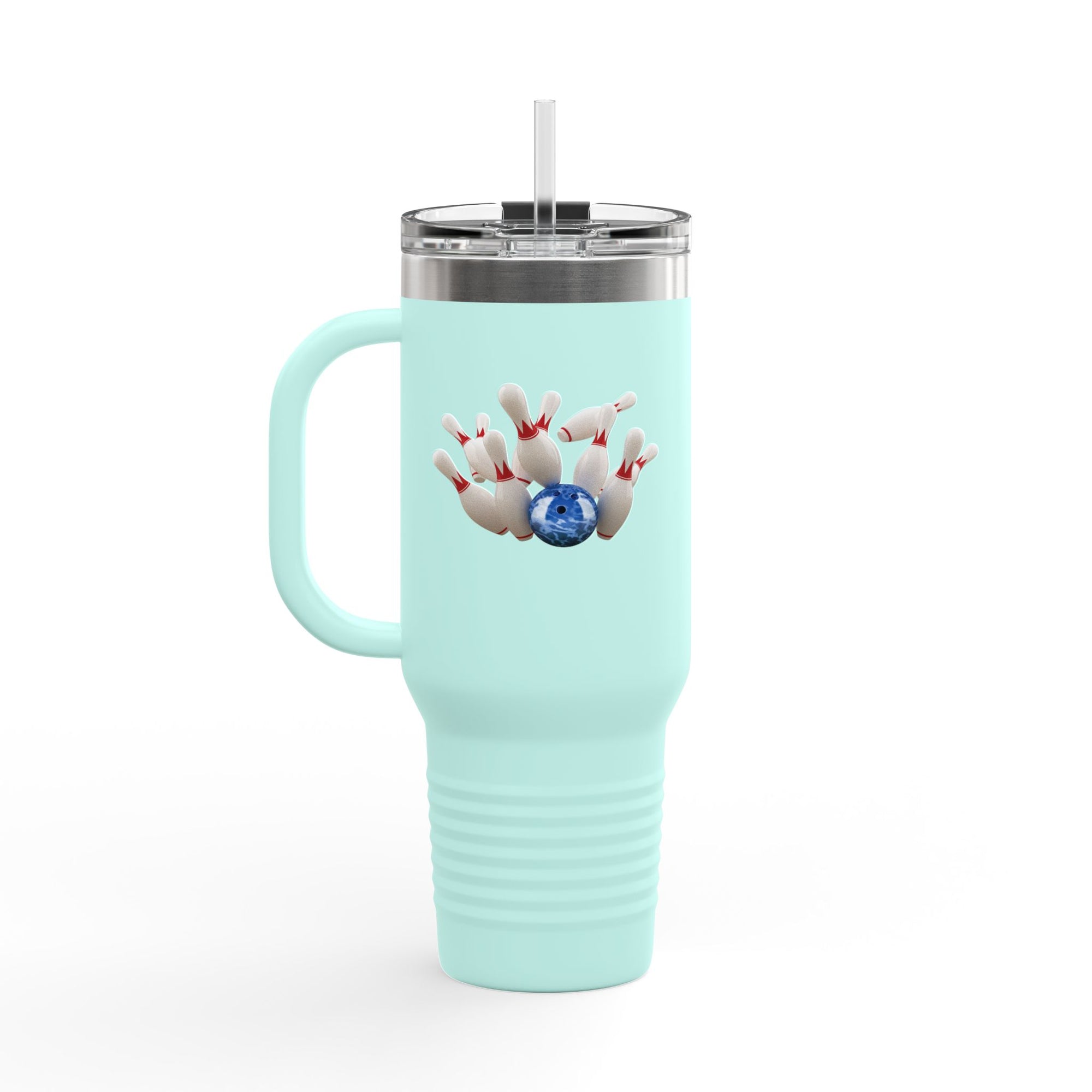 A teal 40oz travel mug with lid and straw, with a graphic of a blue bowling ball knocking over bowling pins, on a white background