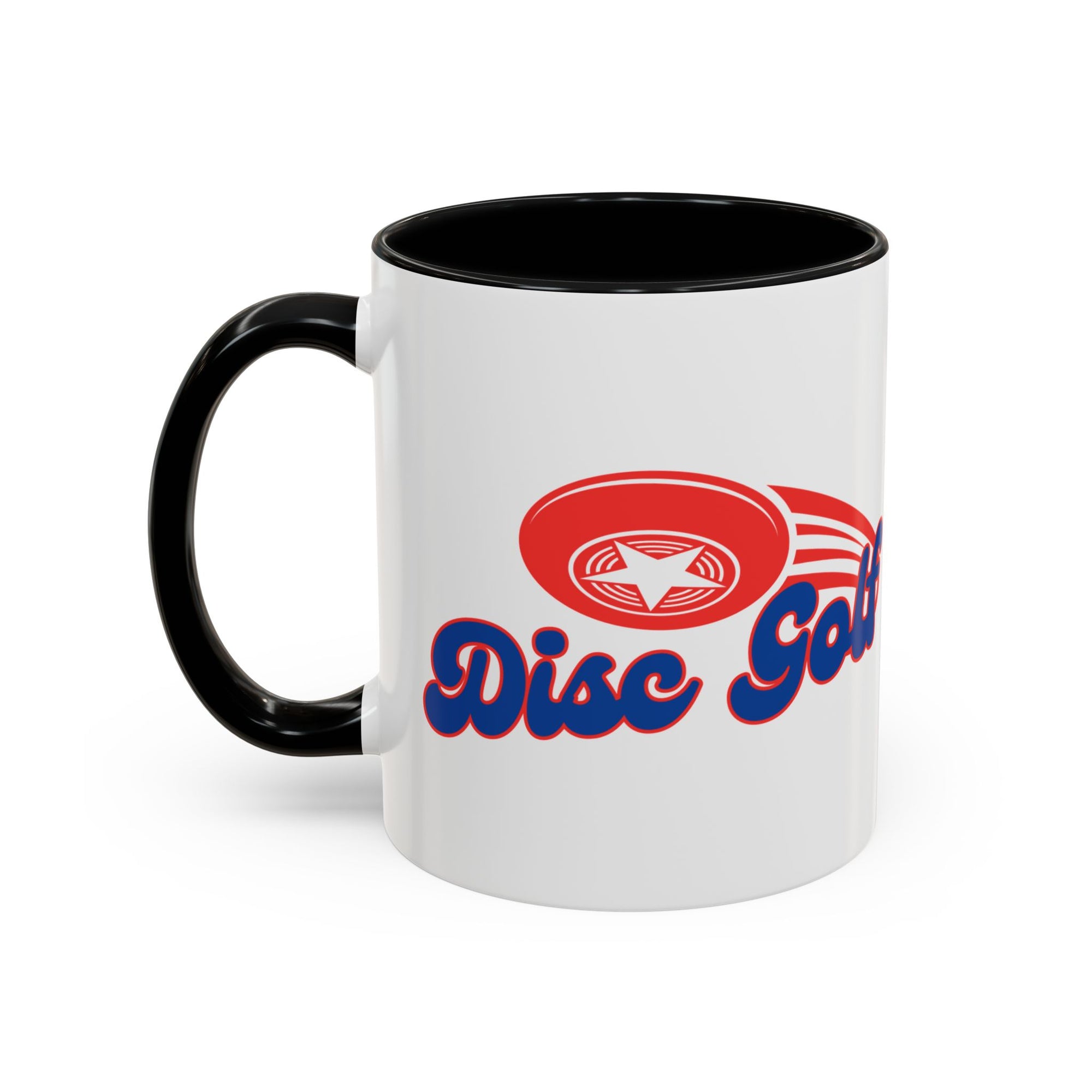 A ceramic coffee mug with black accents on the handle and interior, with 'Disc Golf' in a blue script text outlined in red and disc golf with motion trails, against a white background