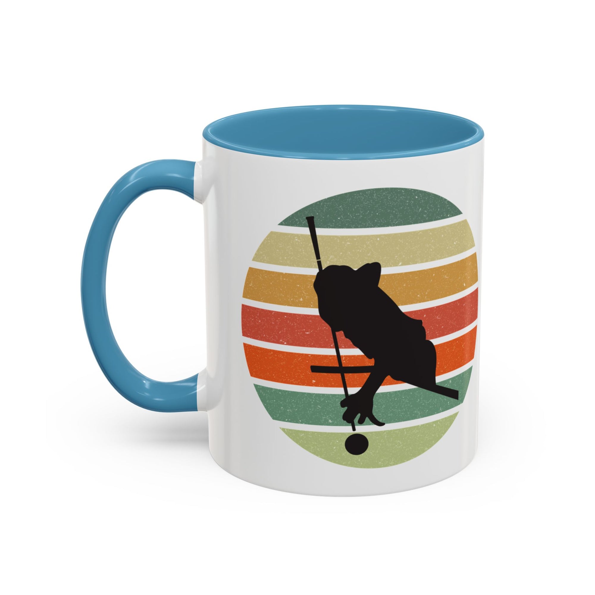 Mug with light blue accents and a graphic of a billiards player silhouette over a colorful retro design on a white background.