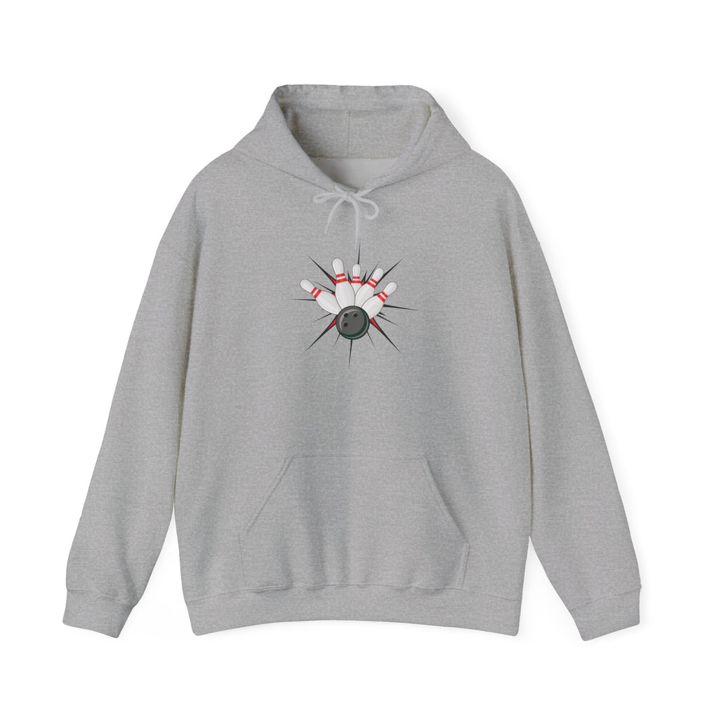 Gray hoodie with a graphic design of a bowling ball smashing into pins on a white background
