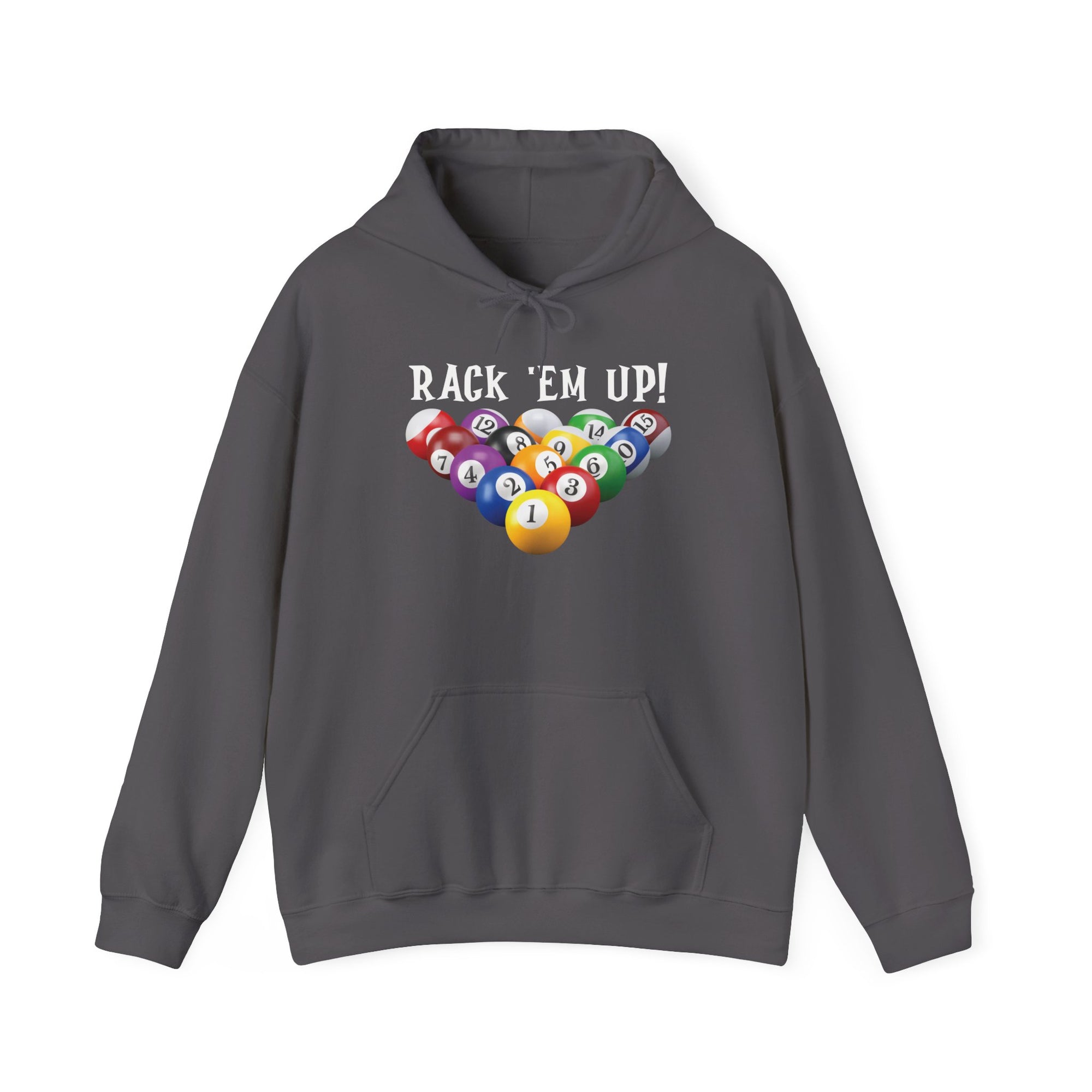 Charcoal hoodie with racked pool ball design and 'Rack 'Em Up!' text, against a white background