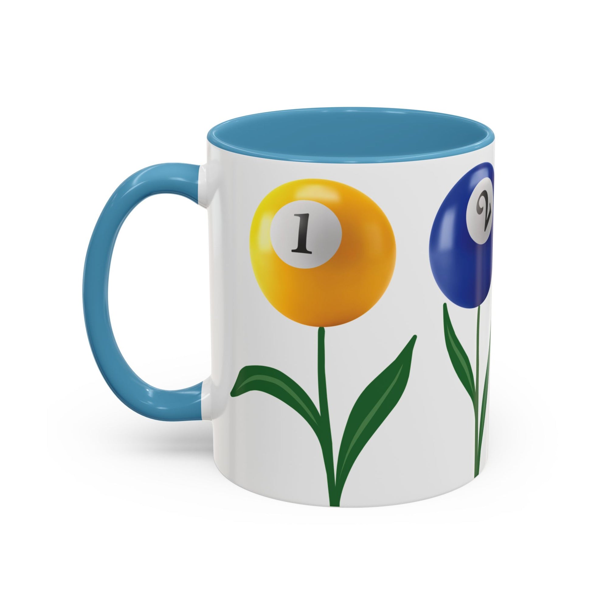 A white ceramic coffee mug with light blue accents on the handle and interior, with four colorful flowers made out of billiards balls with green stems, on a white background