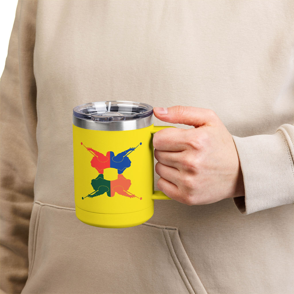 A person holding a yellow travel mug tumbler with handle and lid, with colorful graphic of 4 billiards player silhouettes in a pop art style
