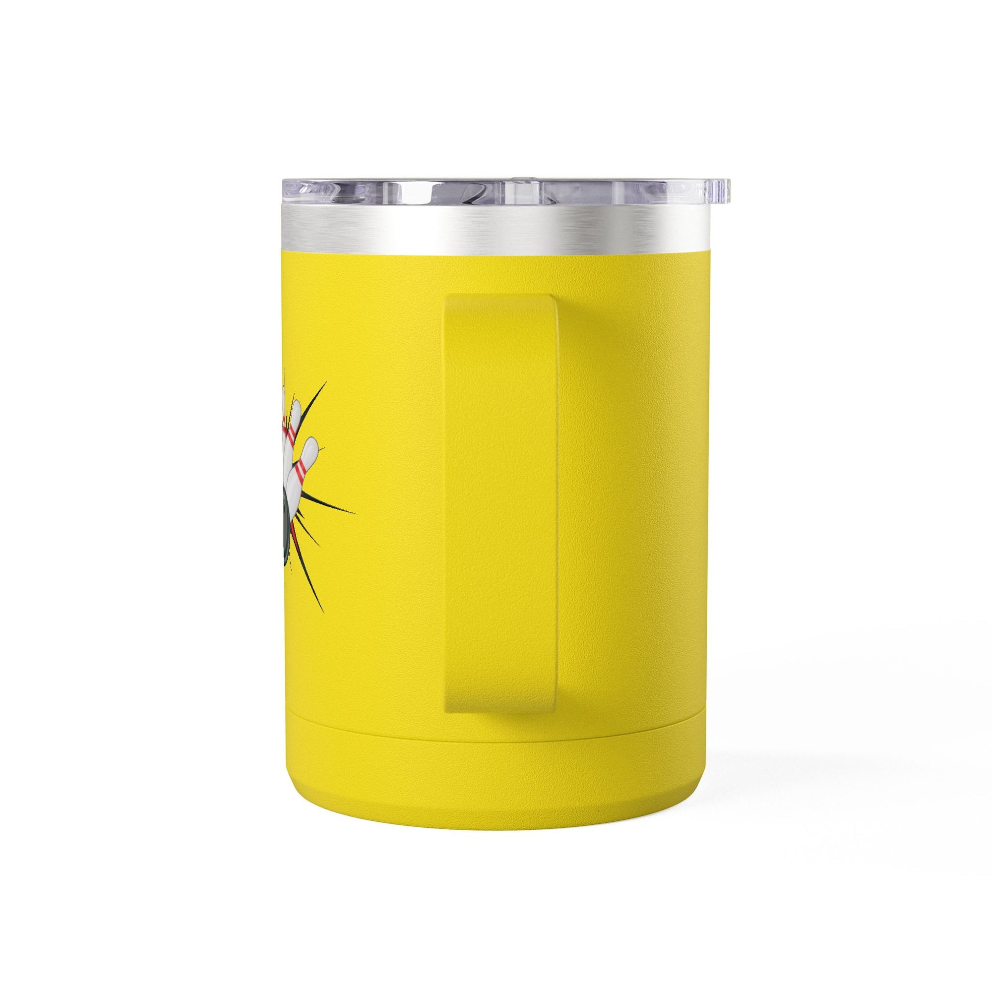 The view of the handle of a yellow travel coffee tumbler mug with a lid and handle, with a graphic design of a bowling ball smashing into pins on a white background