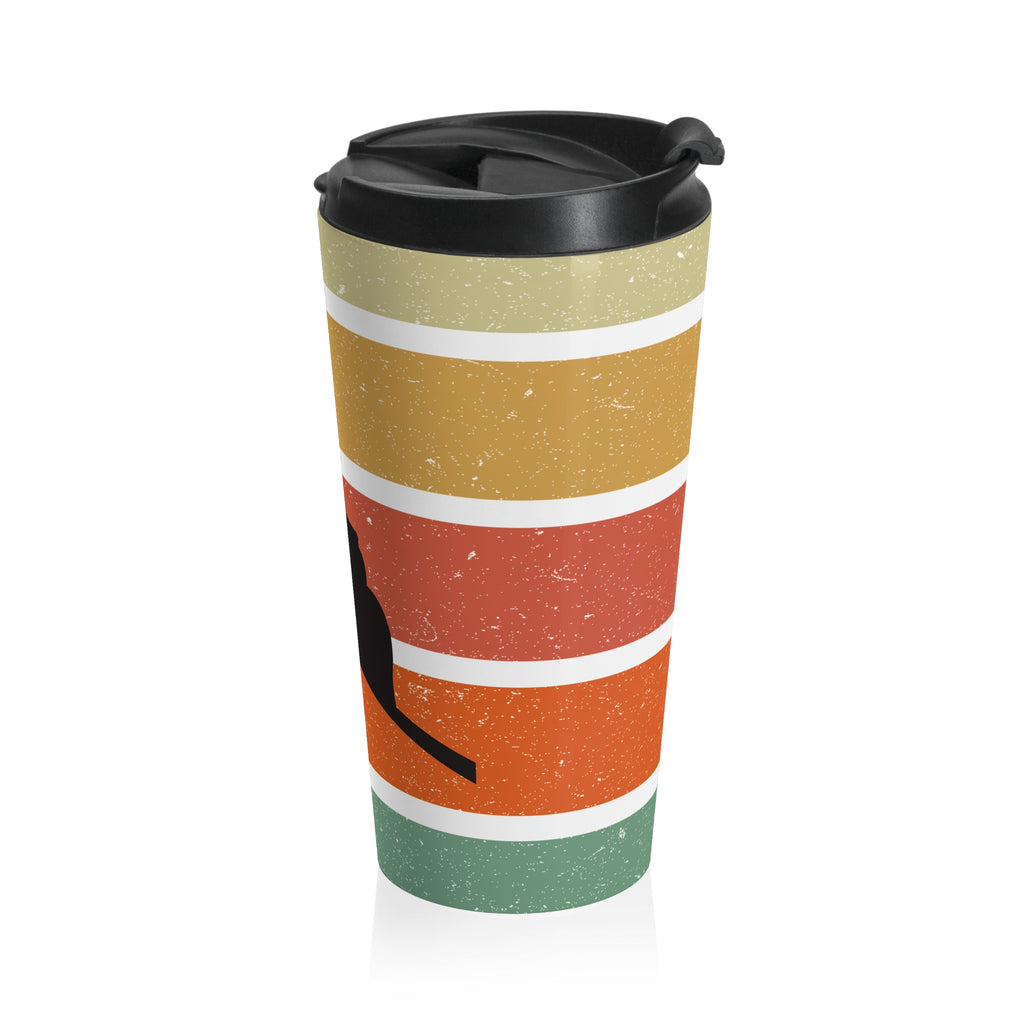 Side view of a travel mug with an image of a billiards player silhouette against a colorful retro image on a white background.