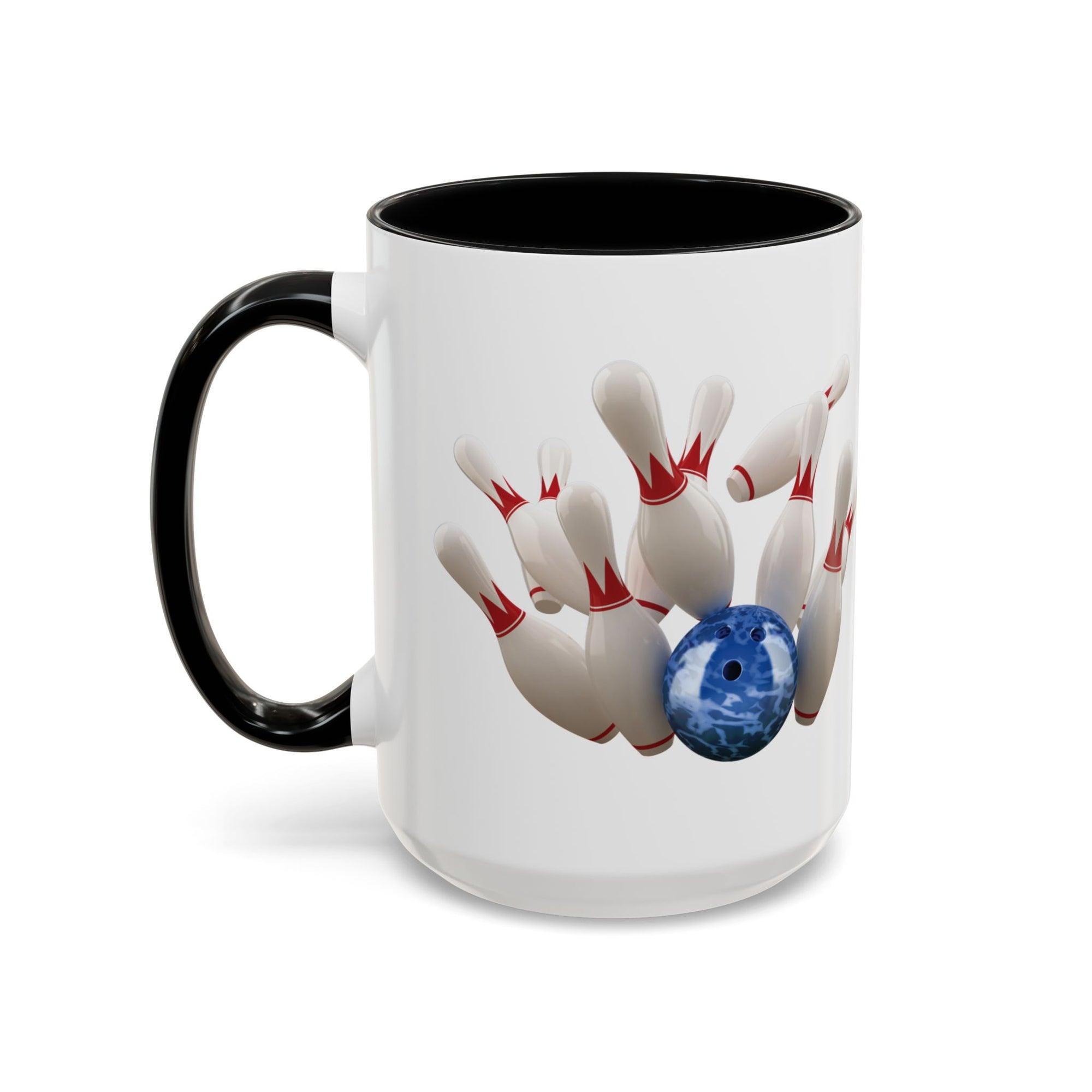 A white ceramic coffee mug with black accents on the handle and interior, with a graphic of a blue bowling ball knocking over bowling pins, on a white background