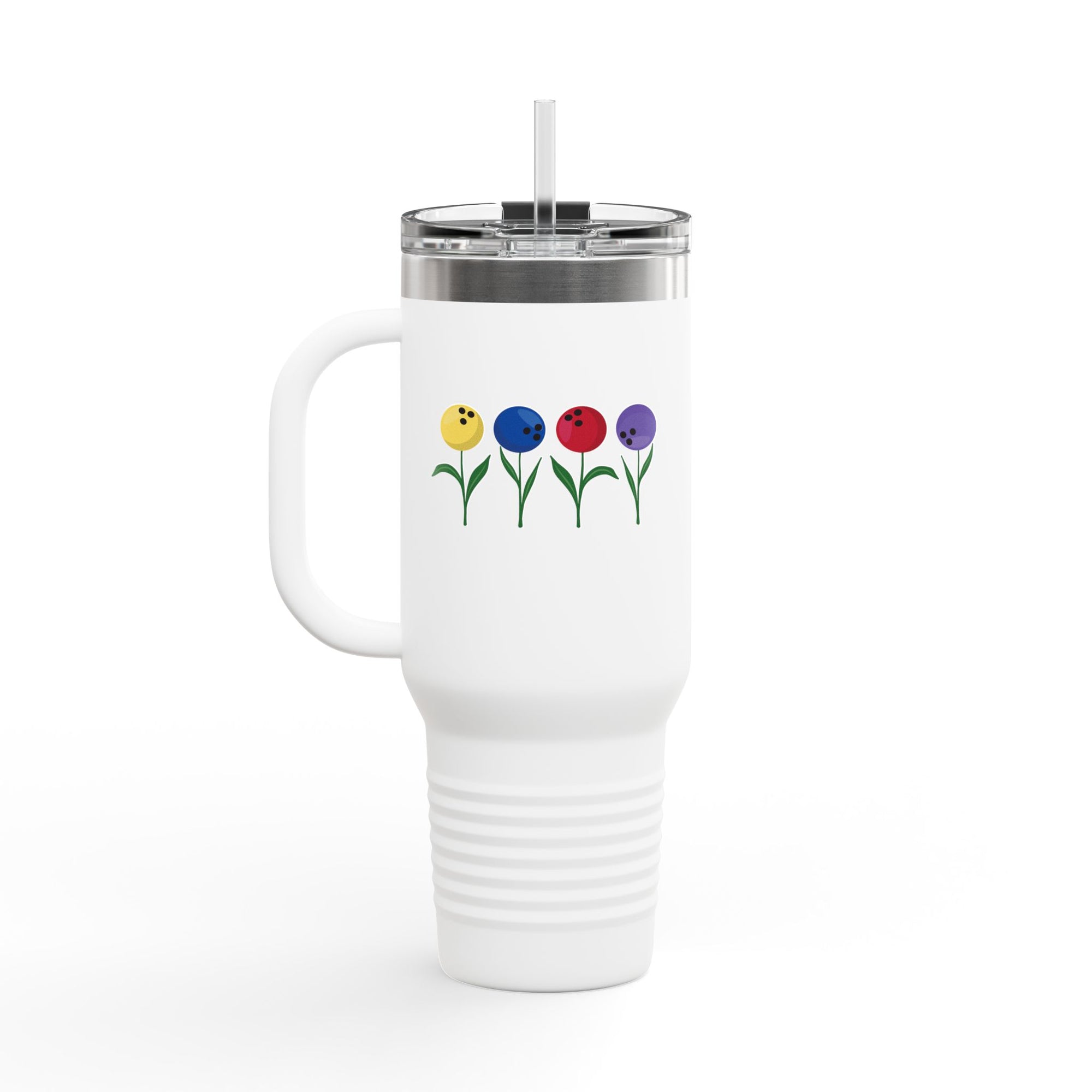 A white 40oz travel mug tumbler with lid, handle and straw, with colorful flowers made out of bowling balls, on a white background