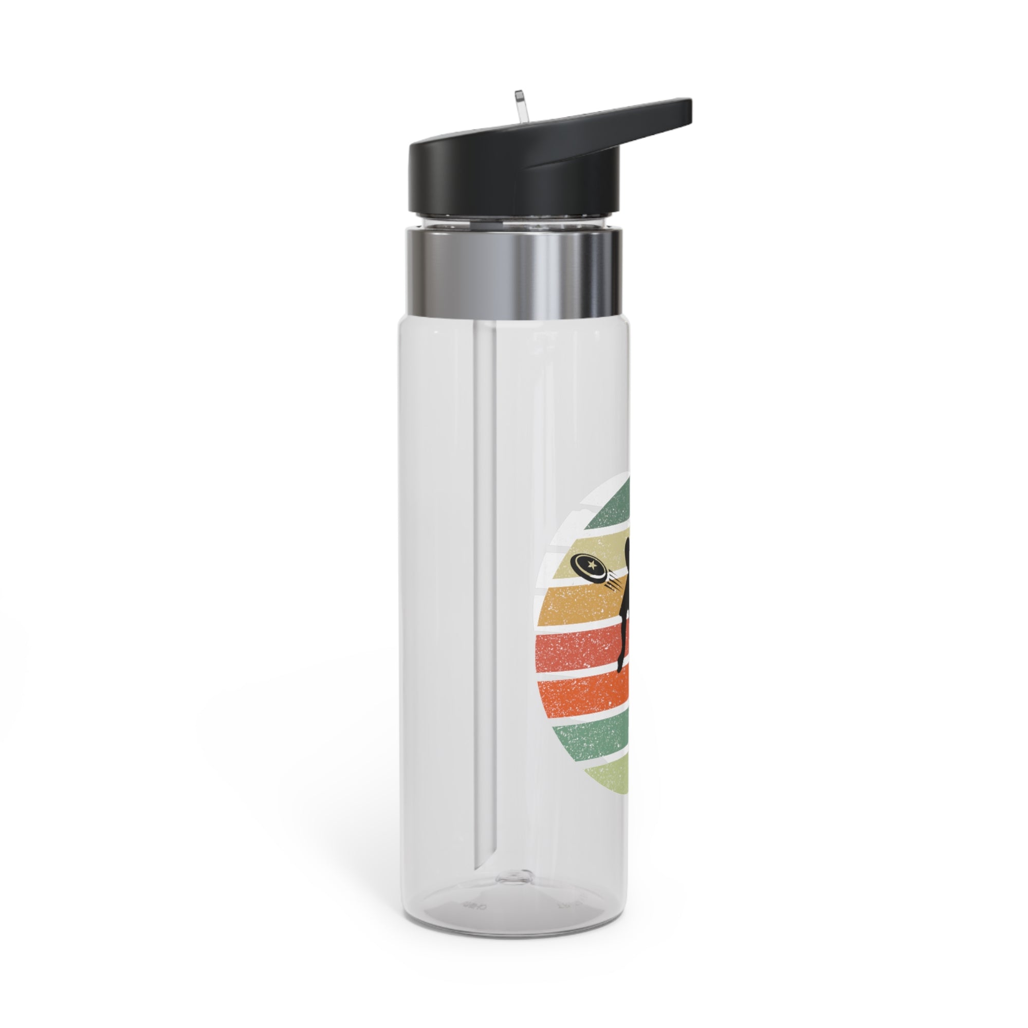 Side view of a clear water bottle with a colorful design featuring a silhouette of a person playing disc golf over a colorful retro design, with a black lid on a white background