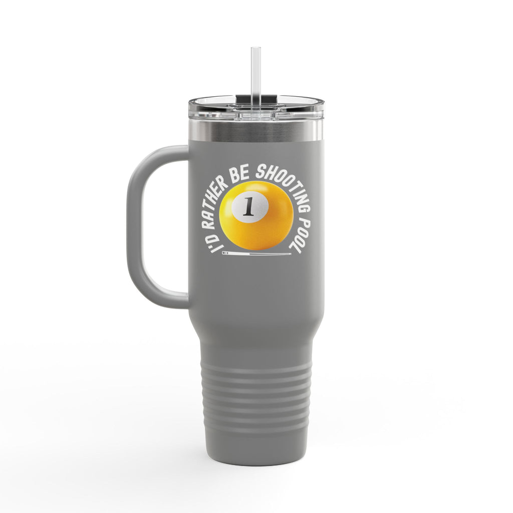 40oz gray tumbler with lid and straw with a yellow billiards ball and cue stick graphic and the text "I'd Rather Be Shooting Pool" on a white background