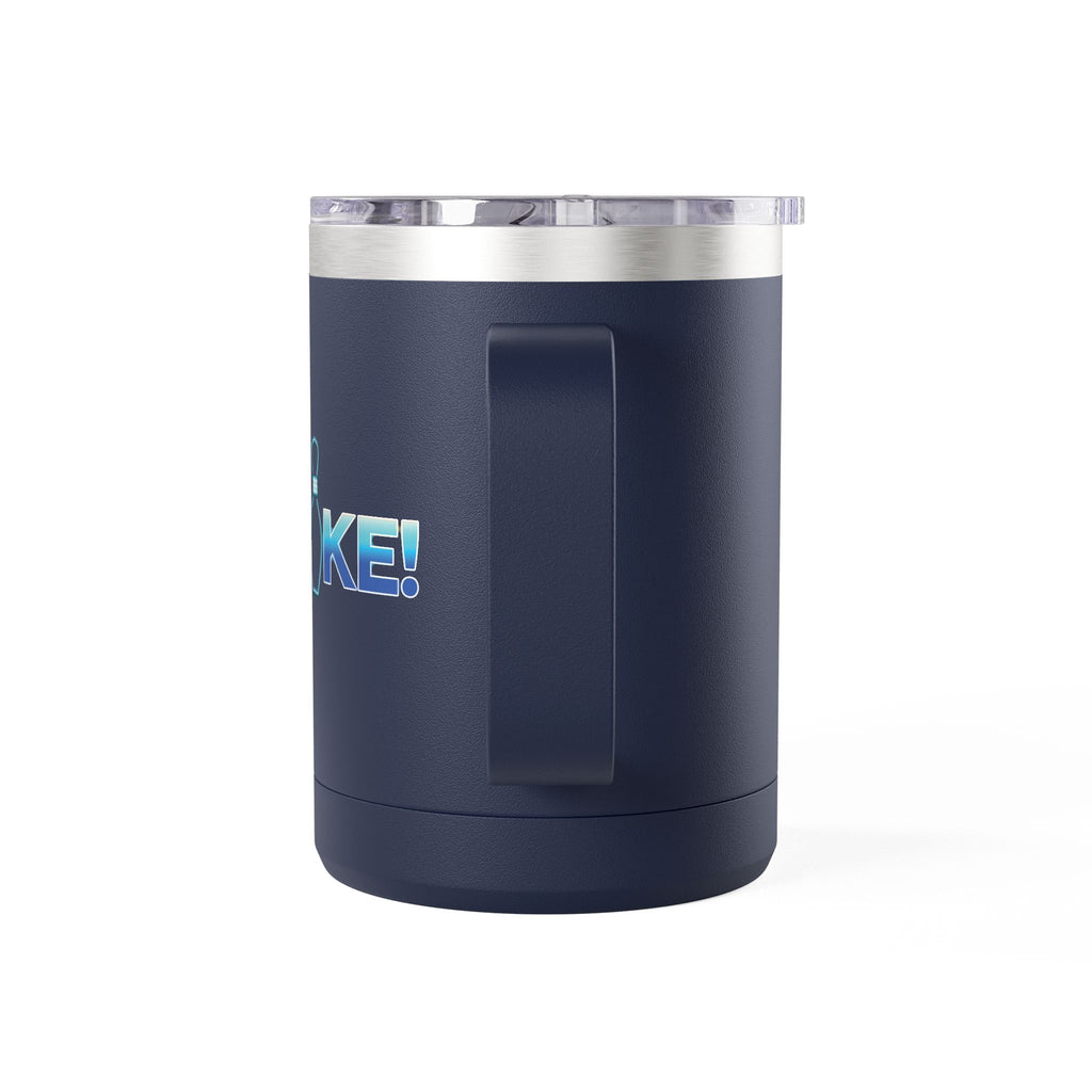Side view of a navy blue travel mug tumbler with a lid and handle, with 'STRIKE!' with the "I" replaced by a bowling pin, on a white background