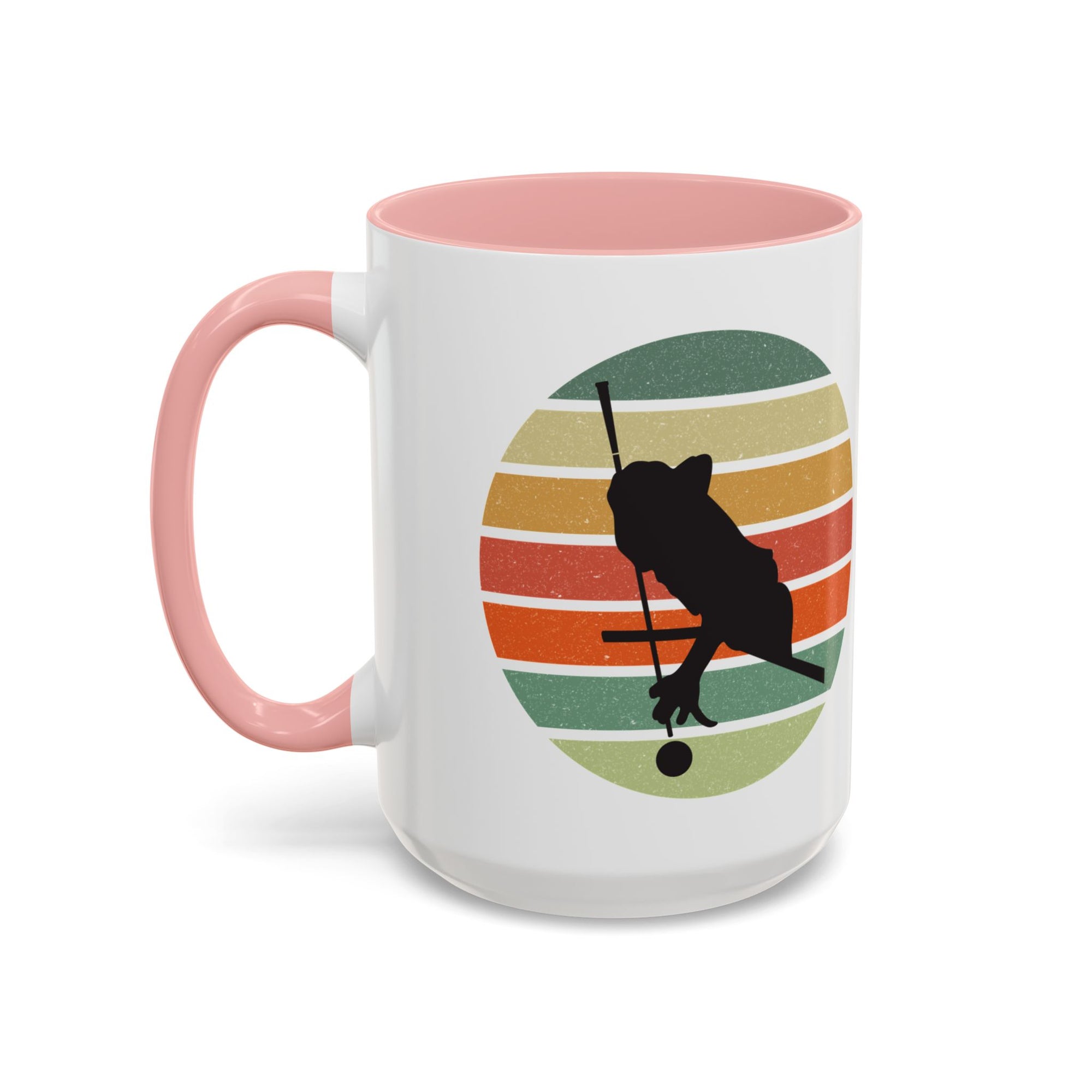 Mug with pink accents and a graphic of a billiards player silhouette over a colorful retro design on a white background.