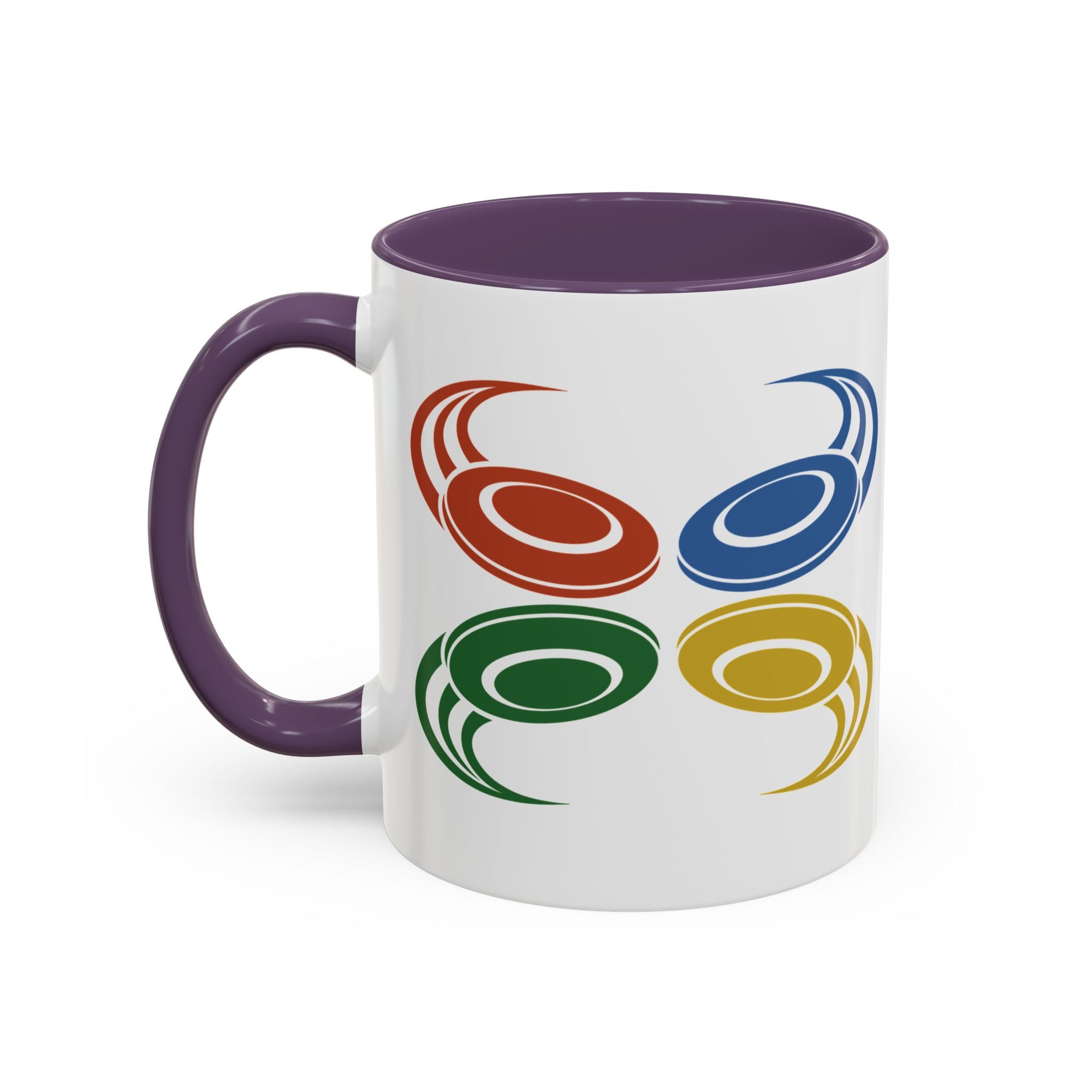 A ceramic mug with purple accents on the handle and interior, featuring a graphic of four colorful disc golf discs