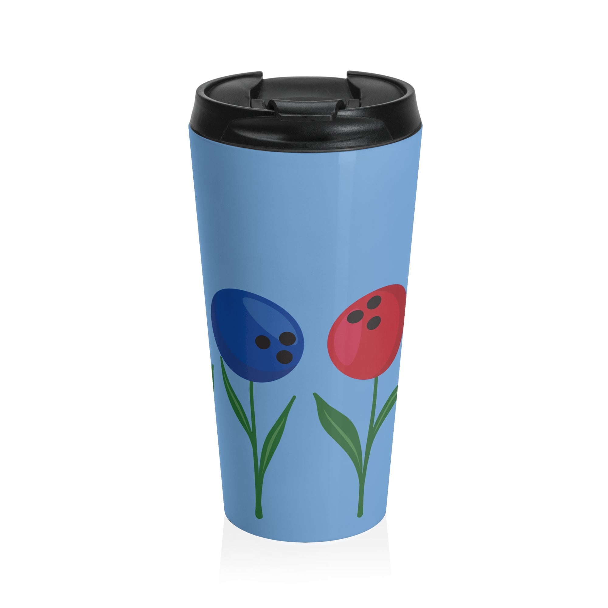 Light blue travel mug with a black lid, with colorful flowers made out of bowling balls, on a white background