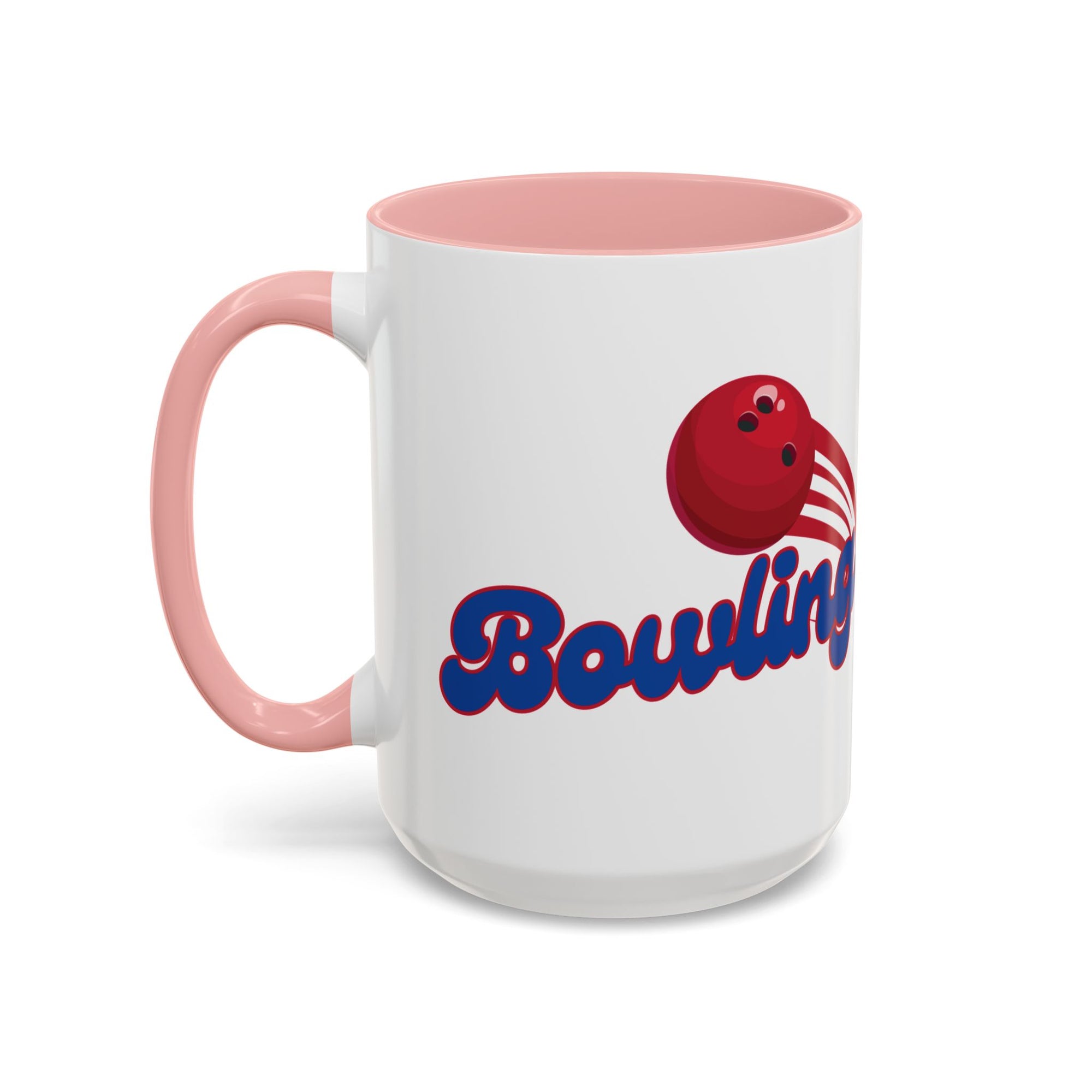 A white ceramic coffee mug with pink accents on the handle and interior, with a red bowling ball graphic and 'Bowling' text on a white background