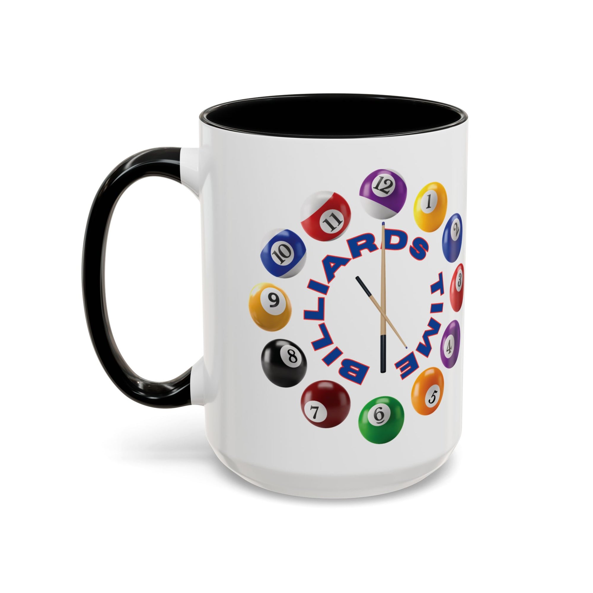A white ceramic coffee mug with black accents on the handle and interior, with the text "Billiards Time" surrounded by a clock made up of colorful billiard balls and cue sticks, on a white background