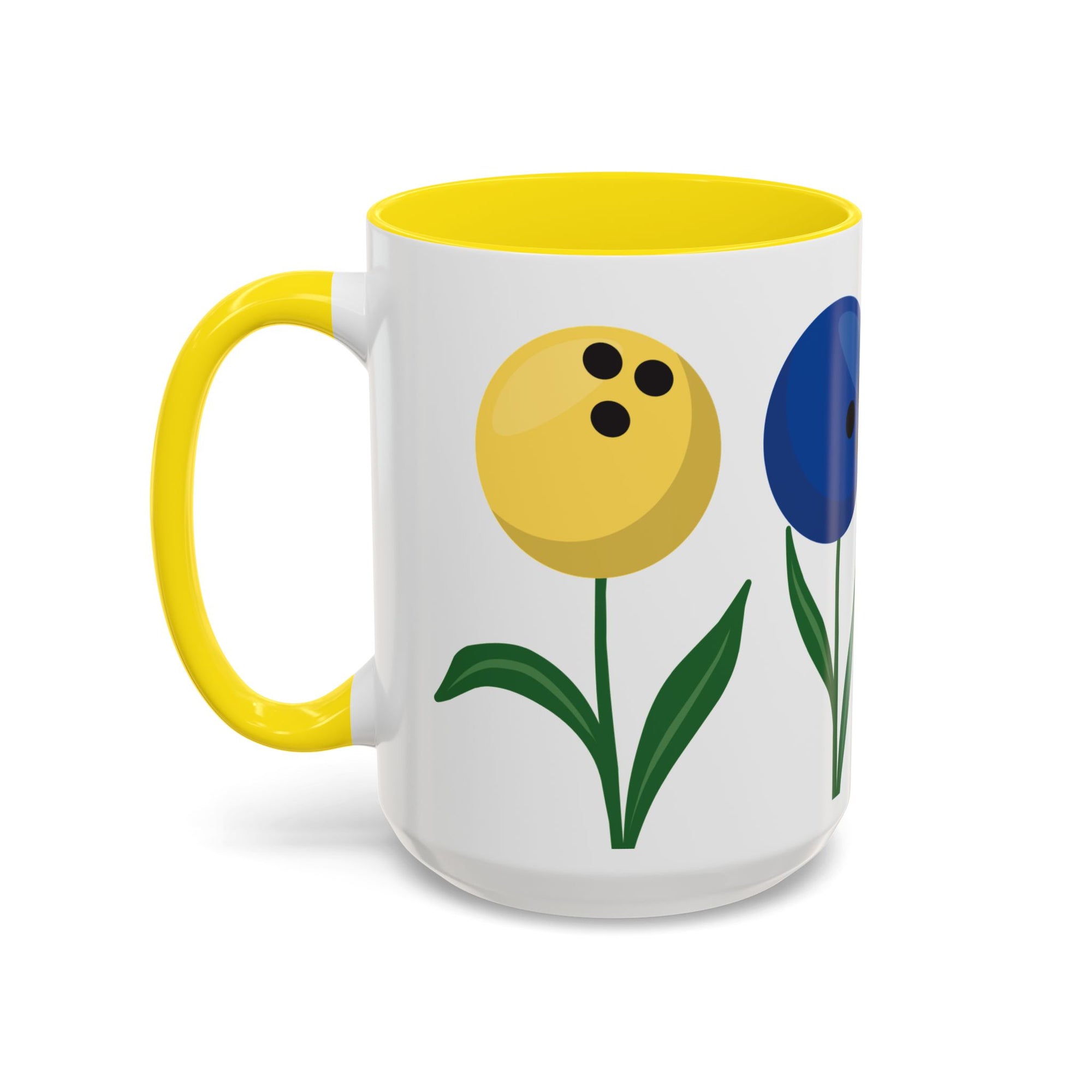A white ceramic coffee mug with yellow accents on the handle and interior, with colorful flowers made out of bowling balls, on a white background