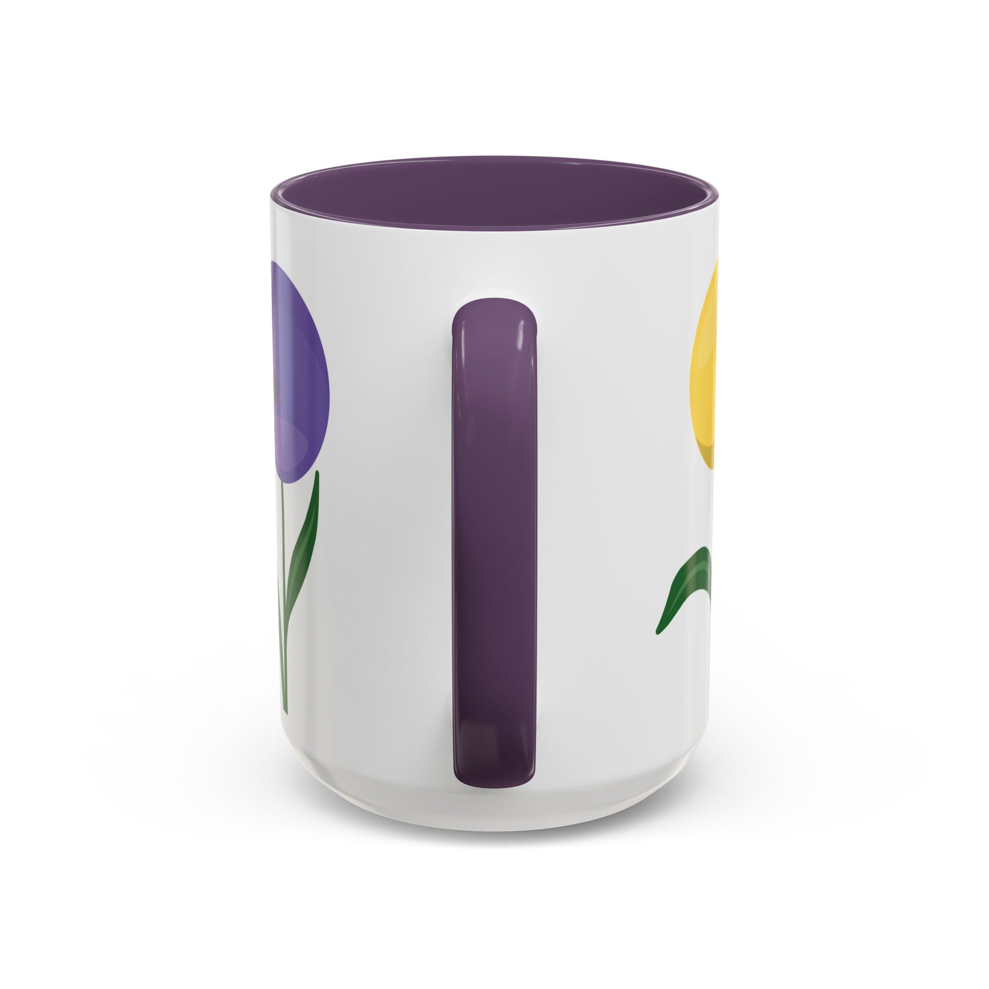 The view of the handle of a white ceramic coffee mug with purple accents on the handle and interior, with colorful flowers made out of bowling balls, on a white background