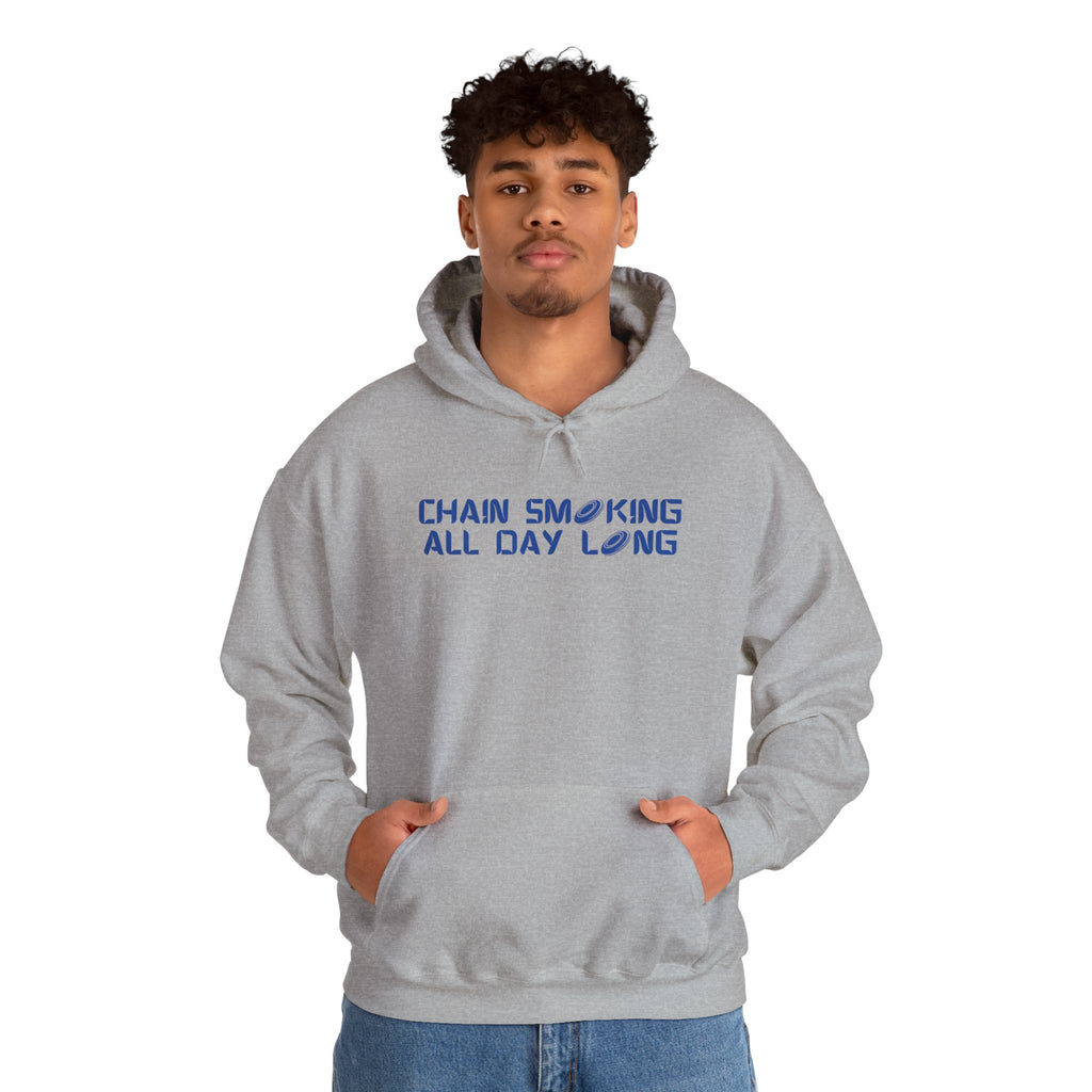 A man wearing a gray hoodie with 'CHAIN SMOKING ALL DAY LONG' text with the O's replaced by disc golf discs, against a white background
