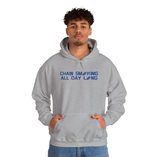 A man wearing a gray hoodie with 'CHAIN SMOKING ALL DAY LONG' text with the O's replaced by disc golf discs, against a white background