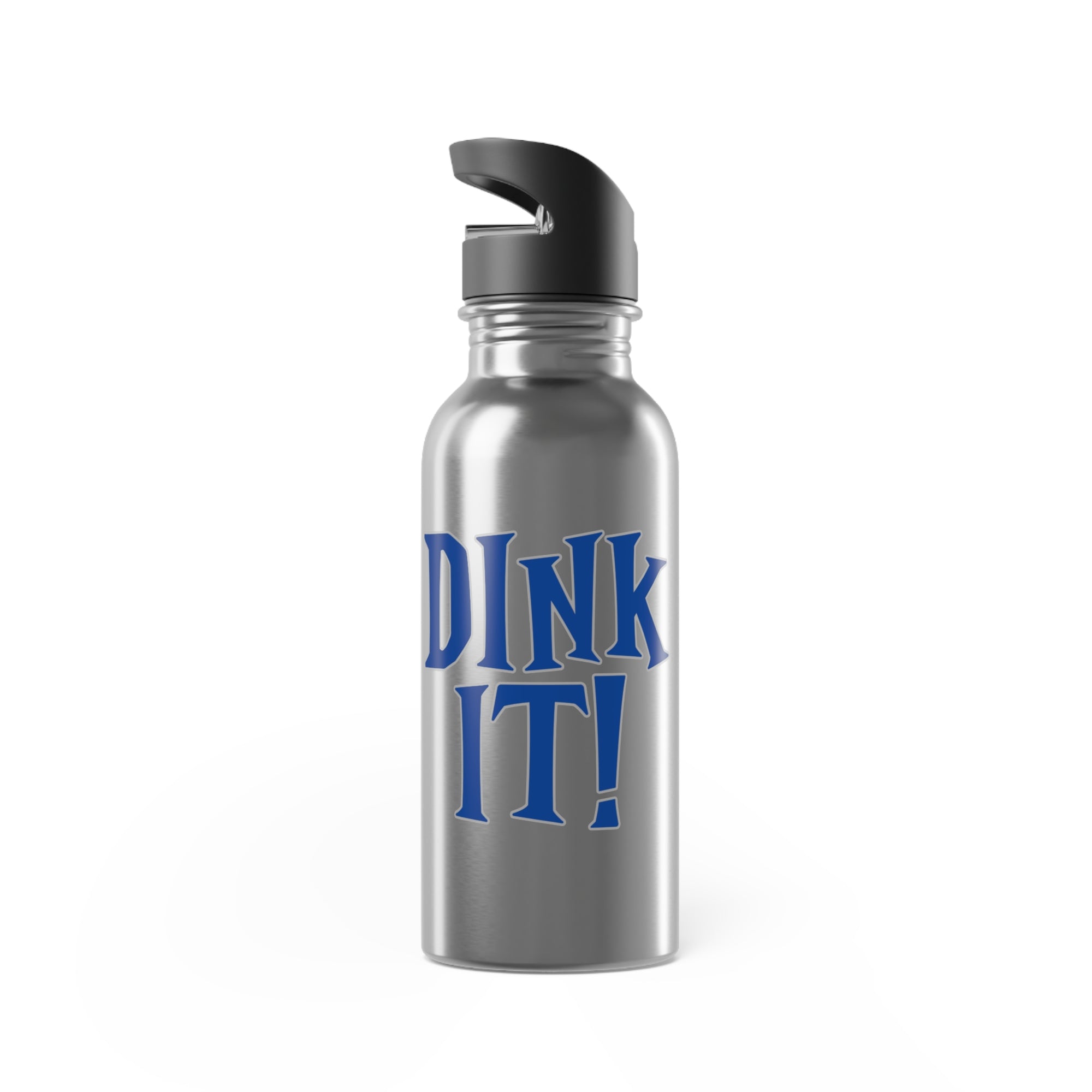 A stainless steel water bottle with lid featuring the words 'DINK IT!' text in blue and outlined in gray, against a white background
