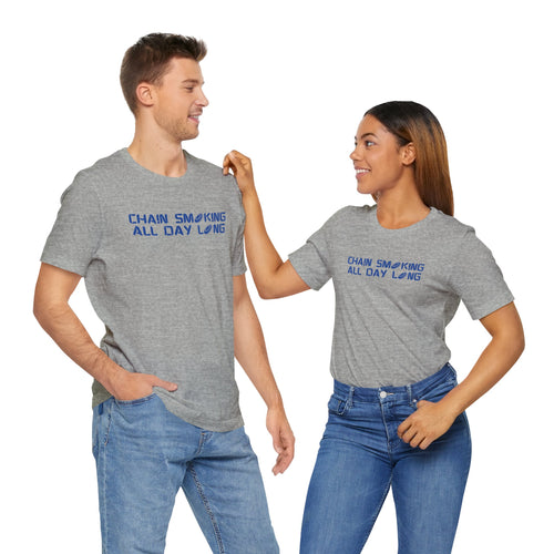 A man and a woman each wearing a gray t-shirt with 'CHAIN SMOKING ALL DAY LONG' text with the O's replaced by disc golf discs, against a white background