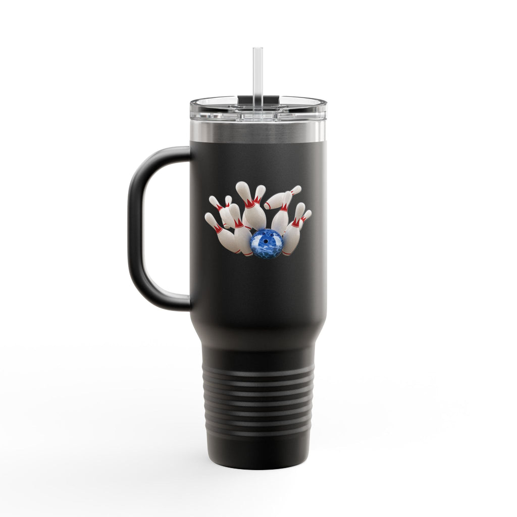 A black 40oz travel mug with lid and straw, with a graphic of a blue bowling ball knocking over bowling pins, on a white background
