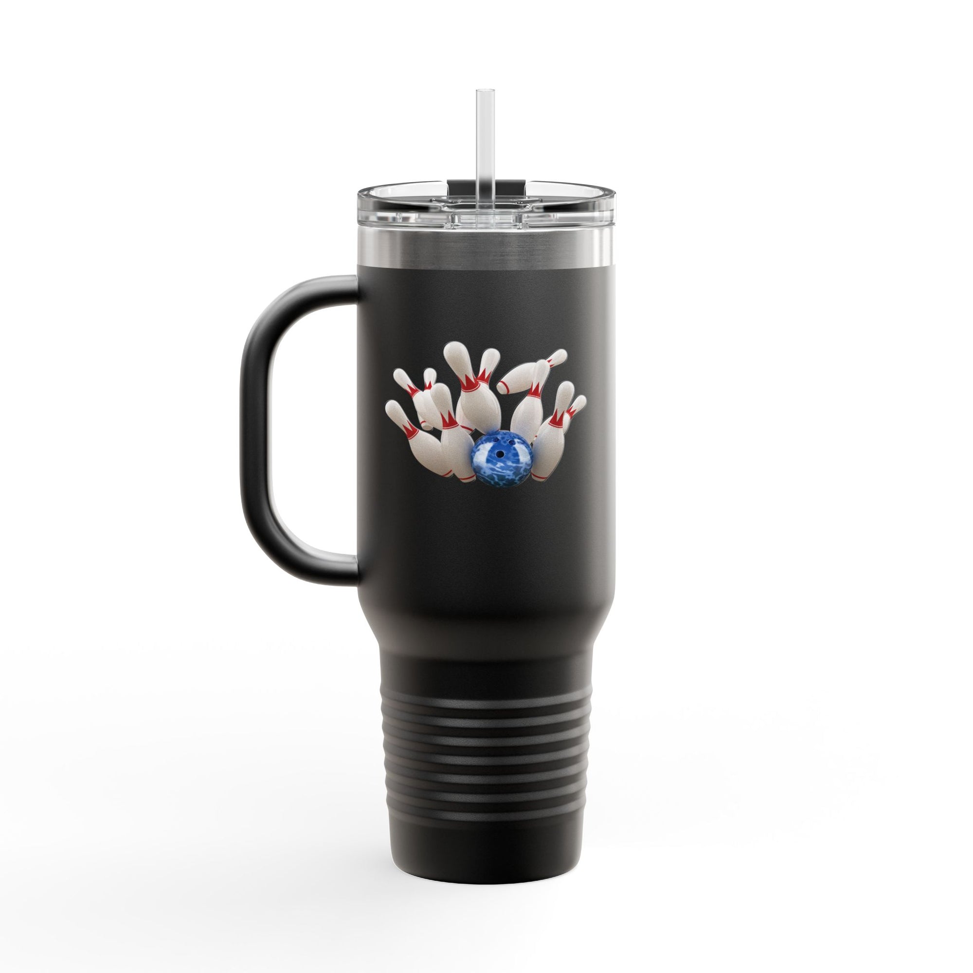 A black 40oz travel mug with lid and straw, with a graphic of a blue bowling ball knocking over bowling pins, on a white background