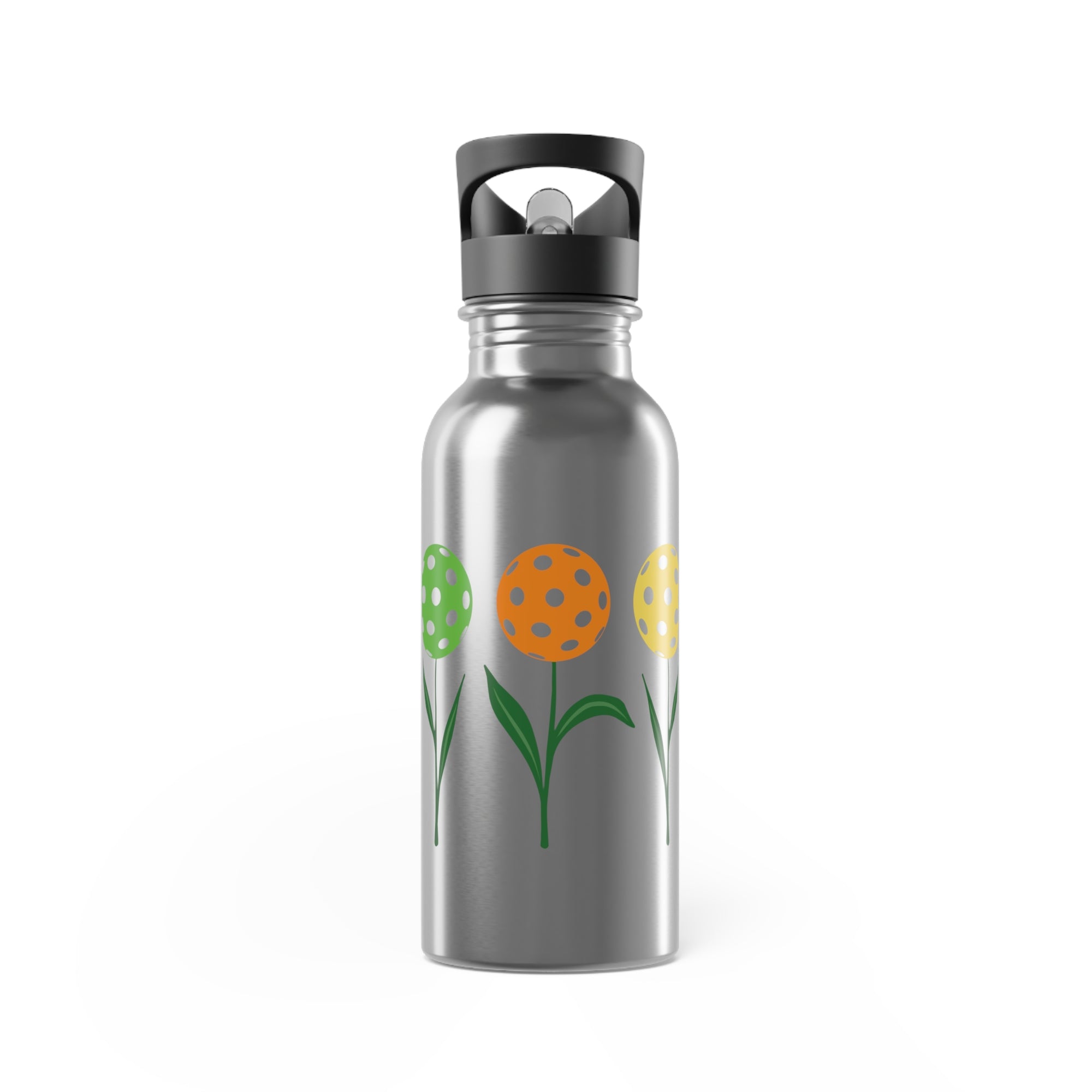 A stainless steel water bottle with lid featuring colorful flowers made from pickleballs on green stems with leaves, against a white background