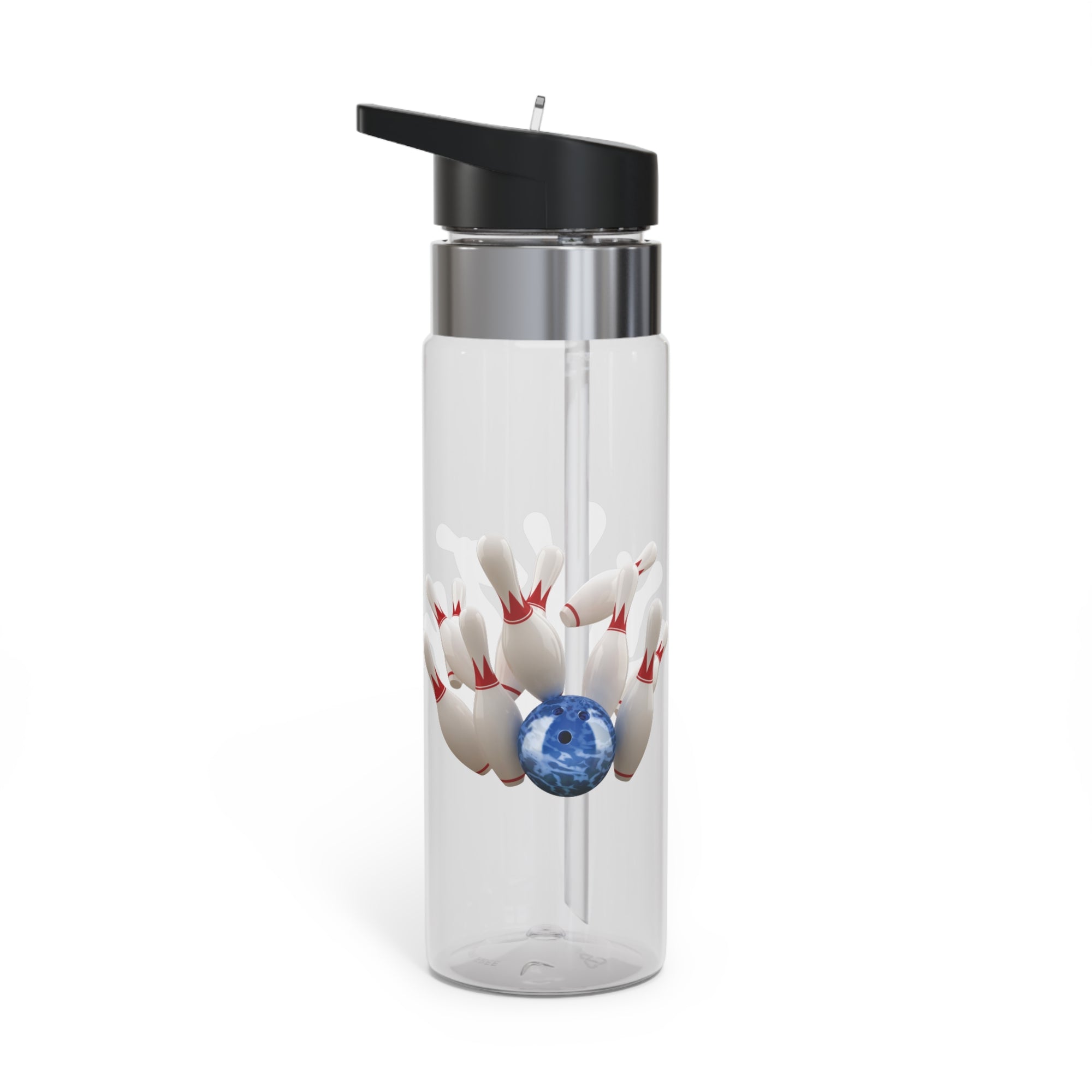 A clear water bottle with black lid, with a graphic of a blue bowling ball knocking over bowling pins, on a white background