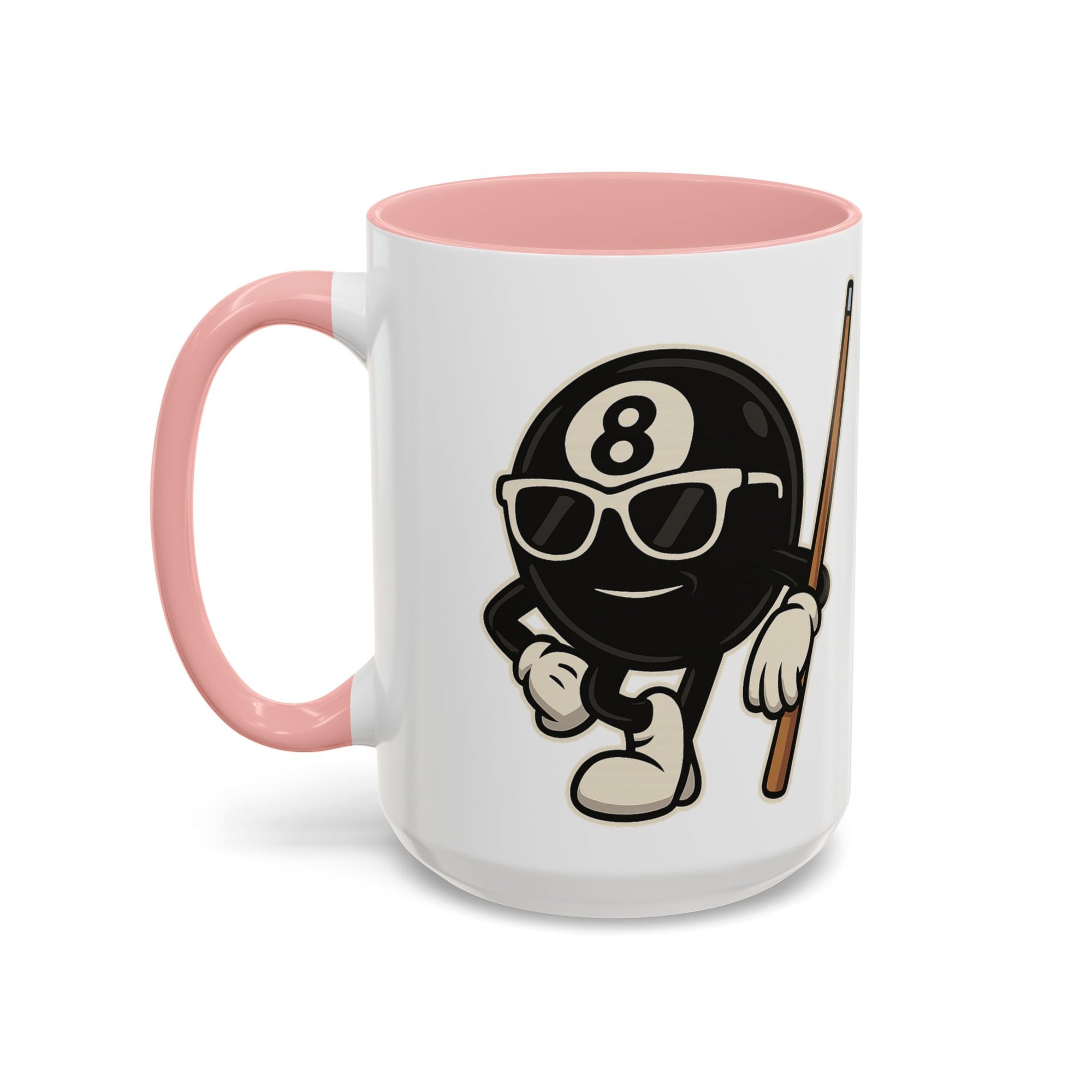 A white ceramic coffee mug with pink accents on the handle and interior, with a graphic of a cartoon billiards 8 ball with arms and legs and wearing sunglasses and leaning on a cue stick, on a white background