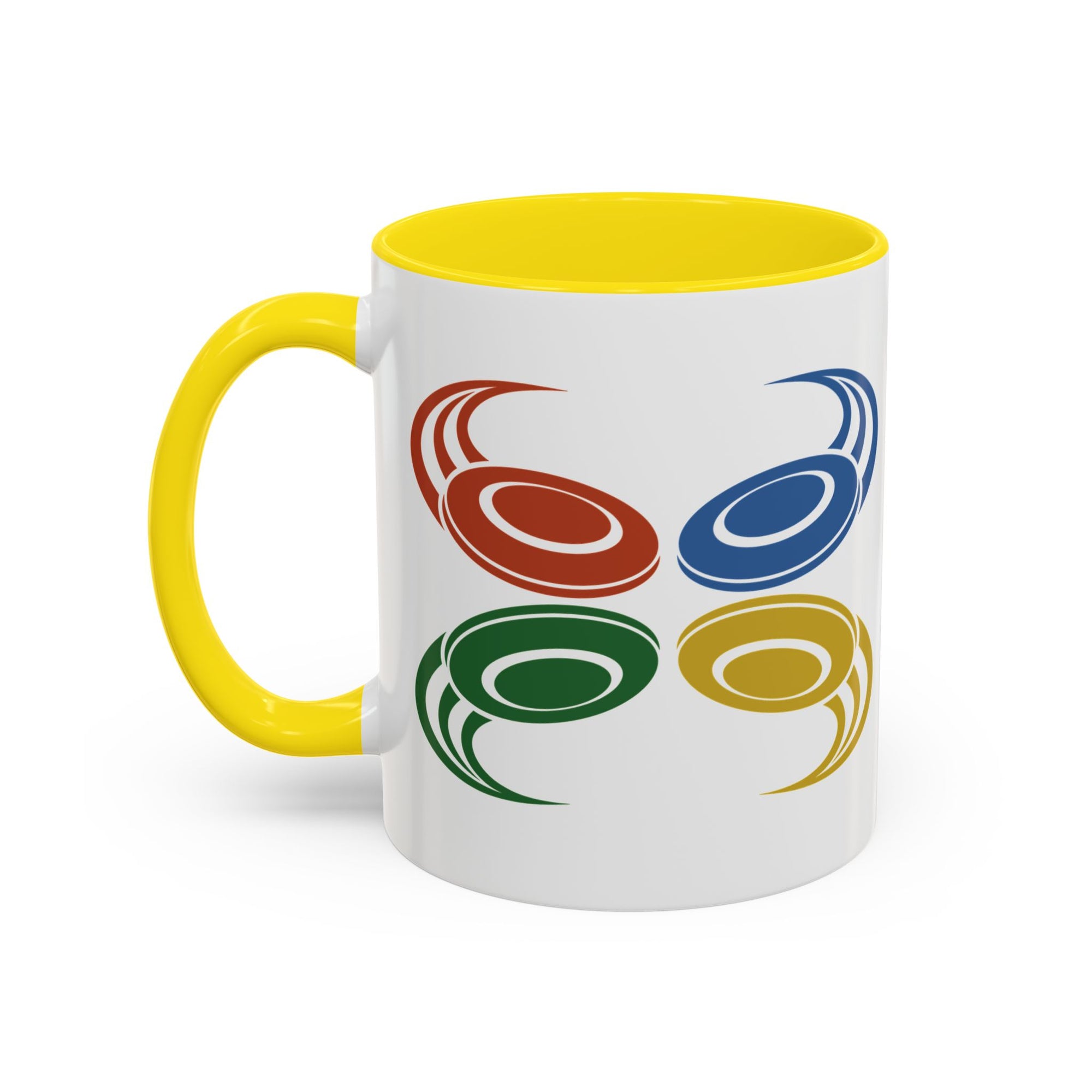 A ceramic mug with yellow accents on the handle and interior, featuring a graphic of four colorful disc golf discs