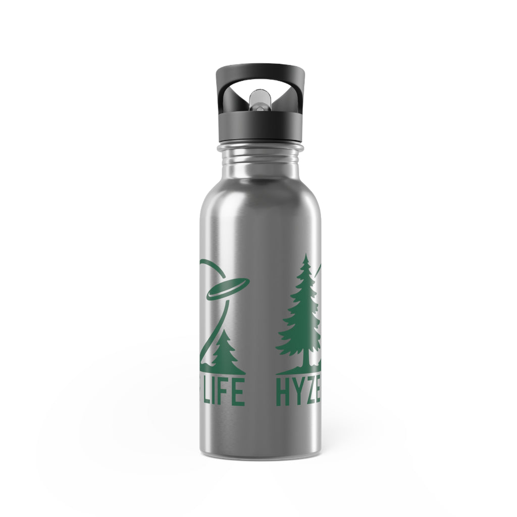 Stainless steel water bottle with lid with green graphic of trees and a disc golf flying with the words 'HYZER LIFE' below the image, on a white background.
