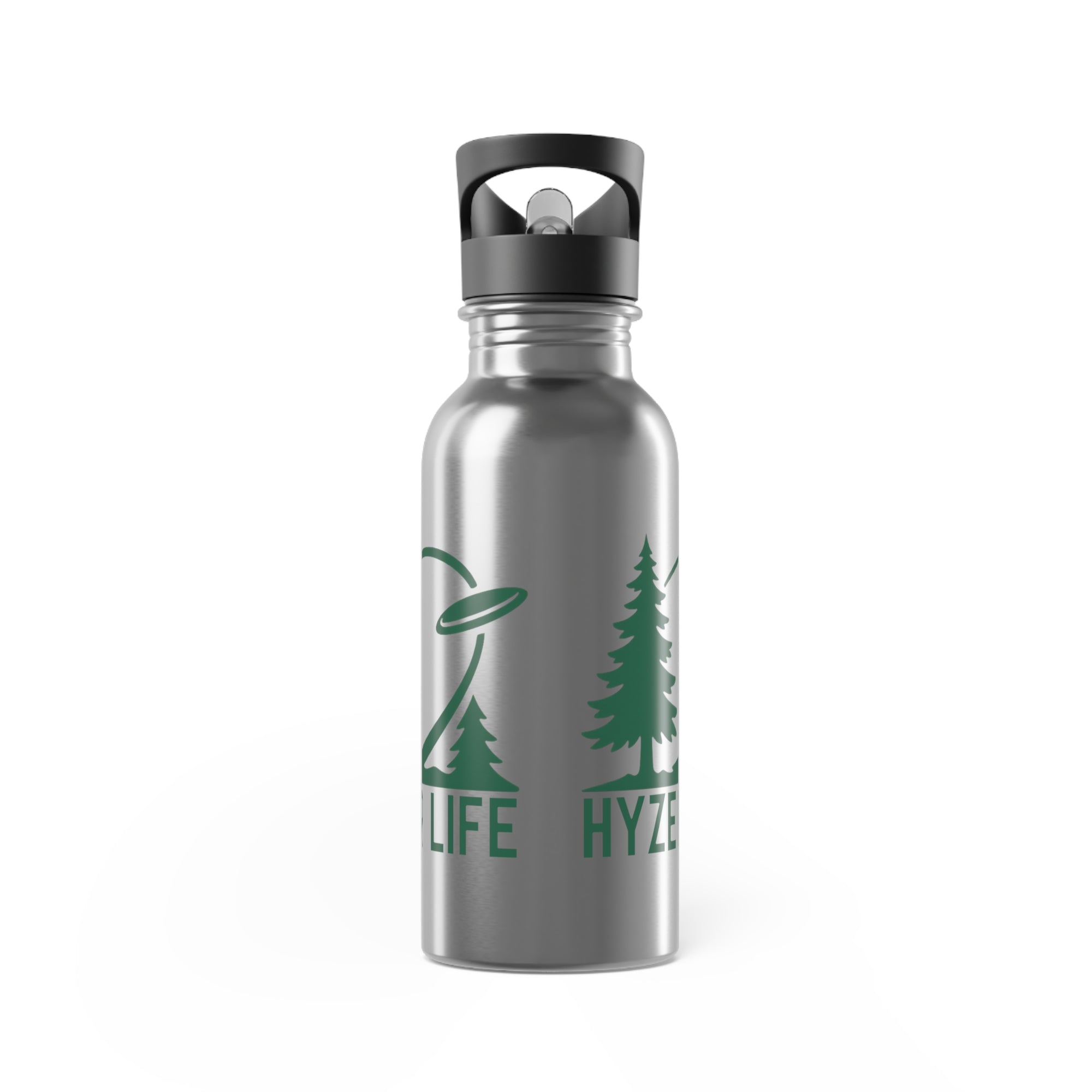 Stainless steel water bottle with lid with green graphic of trees and a disc golf flying with the words 'HYZER LIFE' below the image, on a white background.