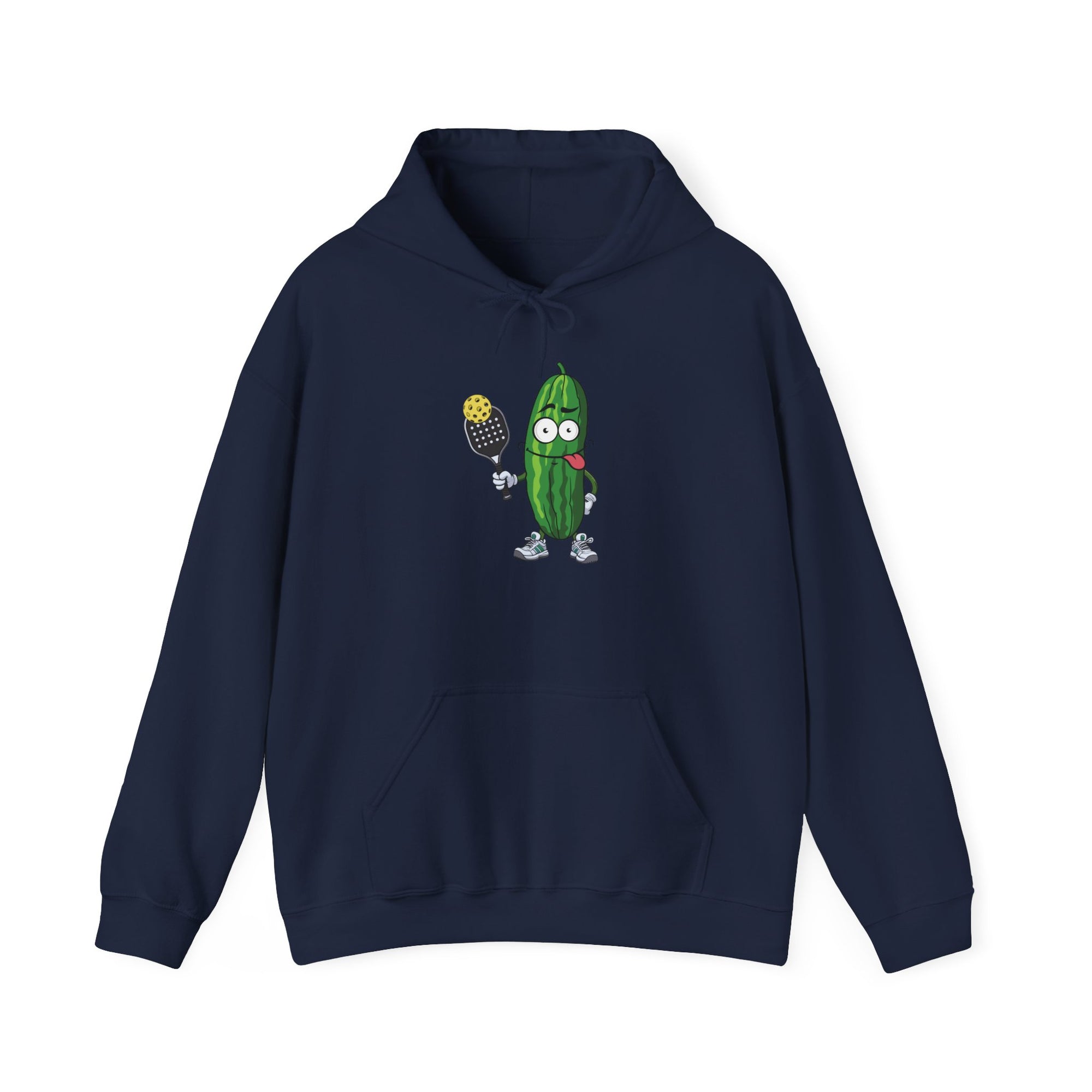 Navy blue hoodie with a cartoon pickle with googly eyes and his tongue sticking out, holding a pickleball paddle with a yellow pickleball, against a white background
