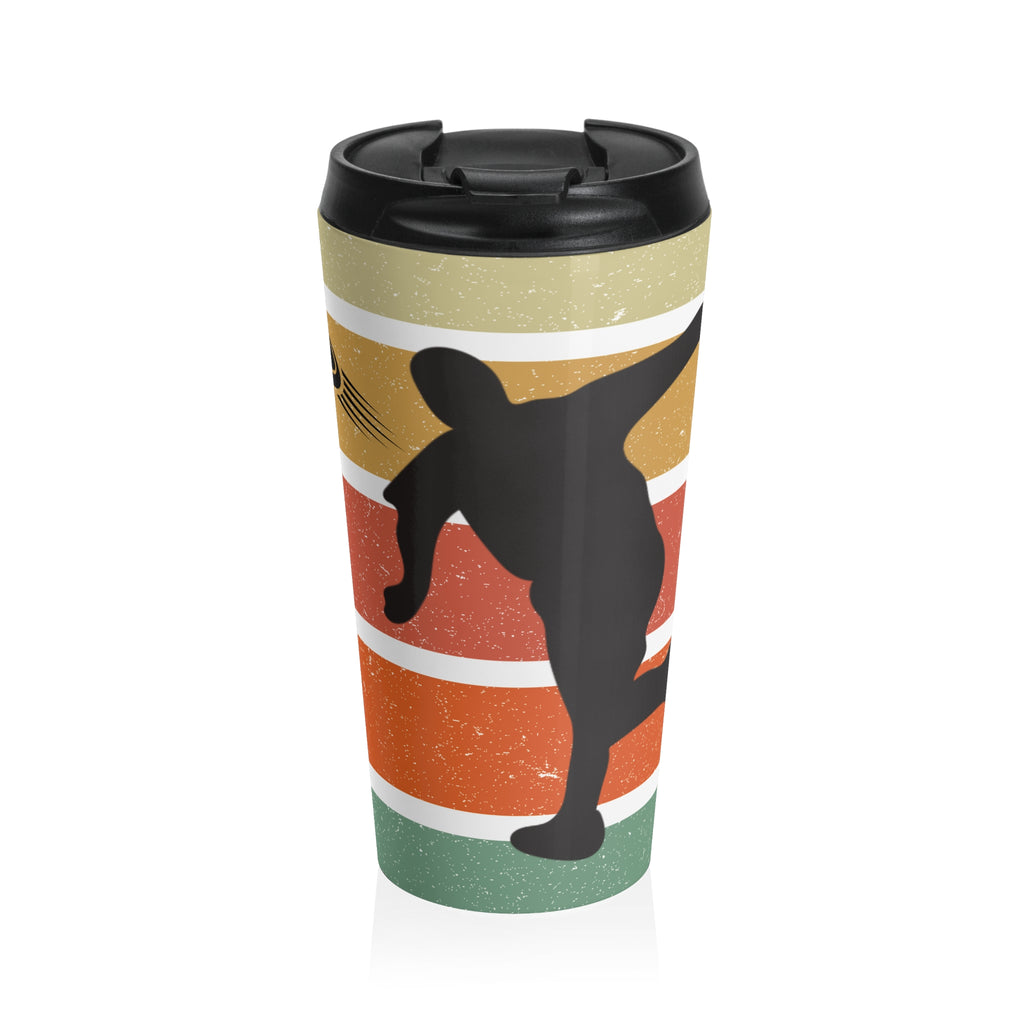 Travel mug with a silhouette design of a disc golf player over a colorful retro image, on a white background