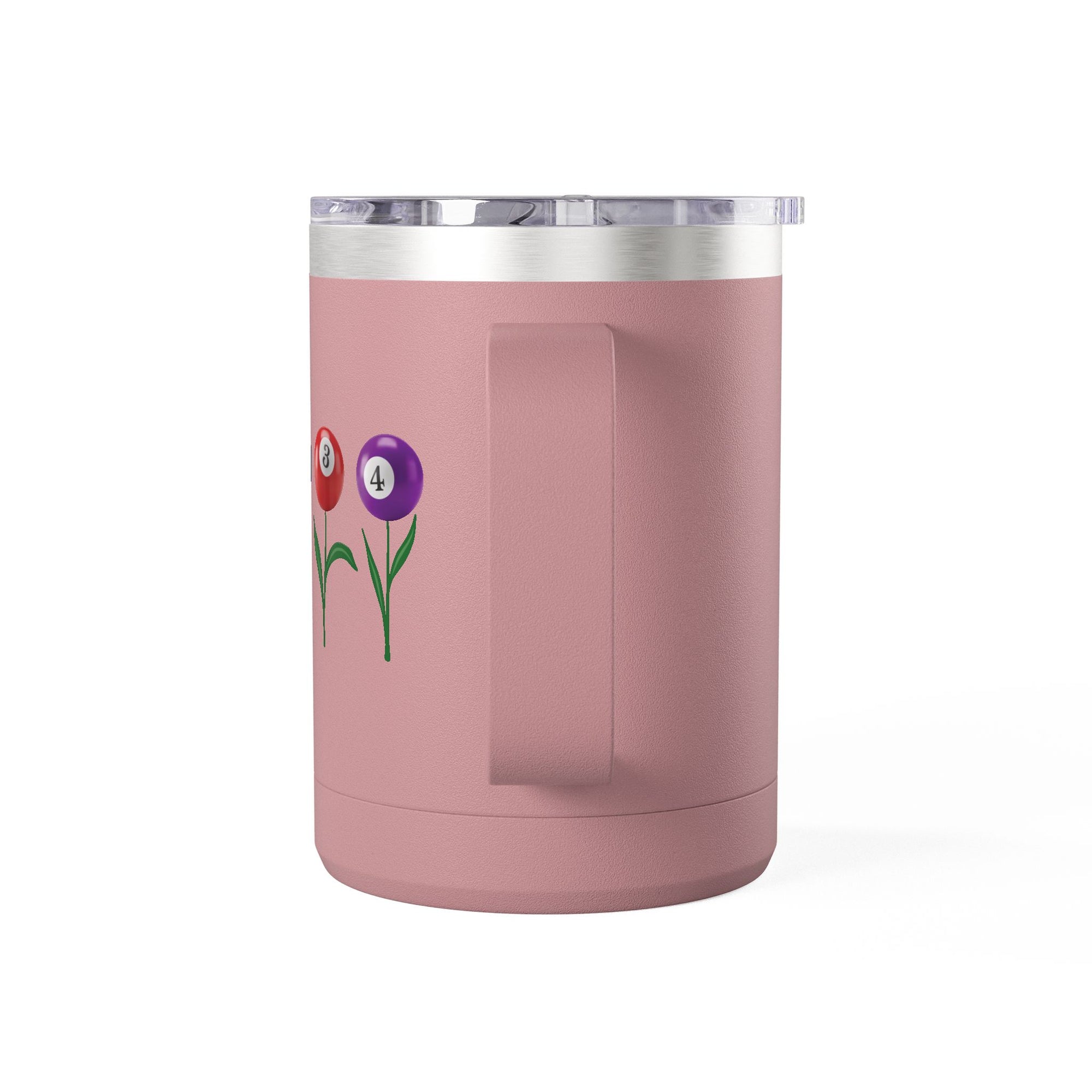 The side view of a pink travel coffee tumbler mug with handle and lid, with four colorful flowers made out of billiards balls with green stems, on a white background