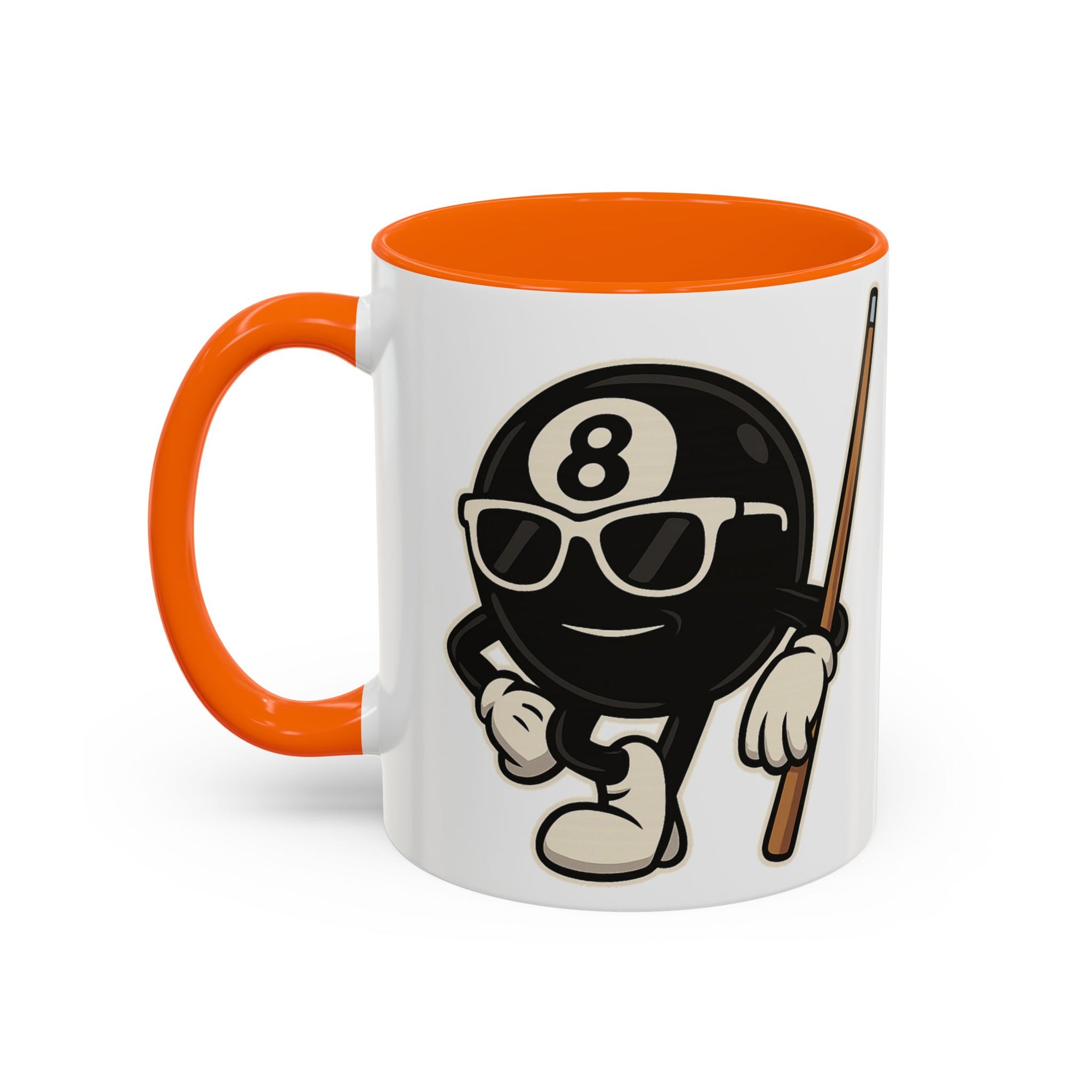 A white ceramic coffee mug with orange accents on the handle and interior, with a graphic of a cartoon billiards 8 ball with arms and legs and wearing sunglasses and leaning on a cue stick, on a white background