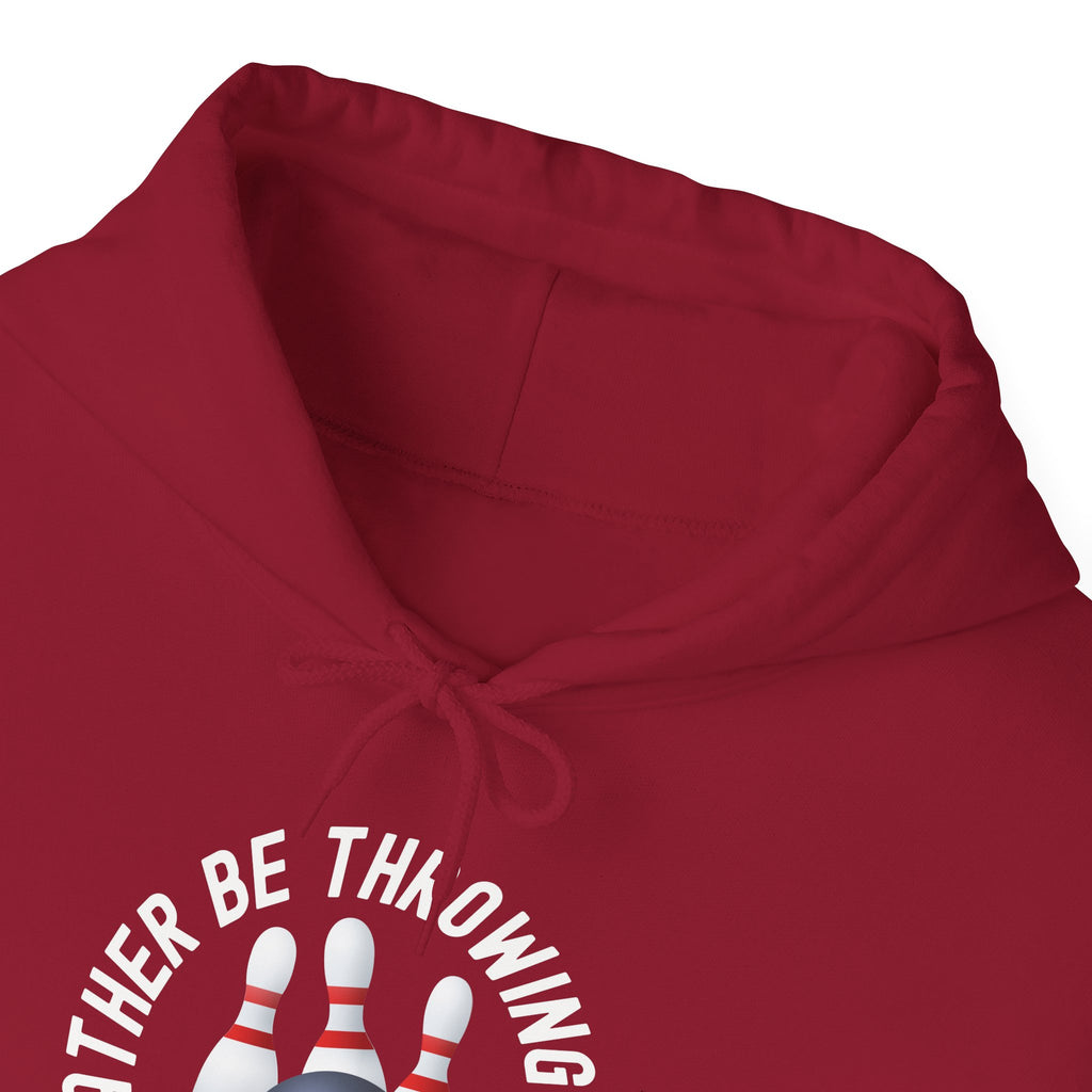 Neckline view of a maroon hoodie with bowling pins and a bowling ball and text saying "I'd Rather Be Throwing Strikes" on white background