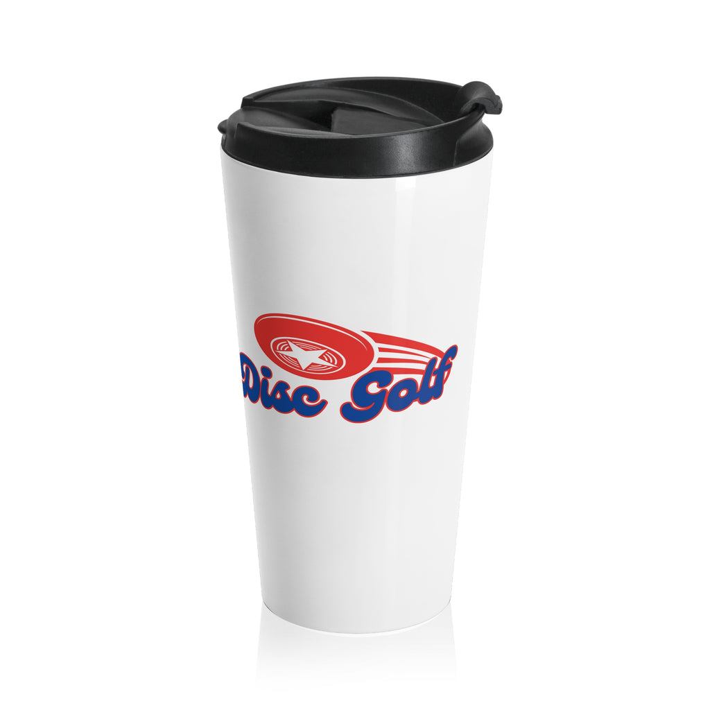 A white travel mug tumbler with a lid featuring the words 'Disc Golf' in a blue script text outlined in red and disc golf with motion trails, against a white background